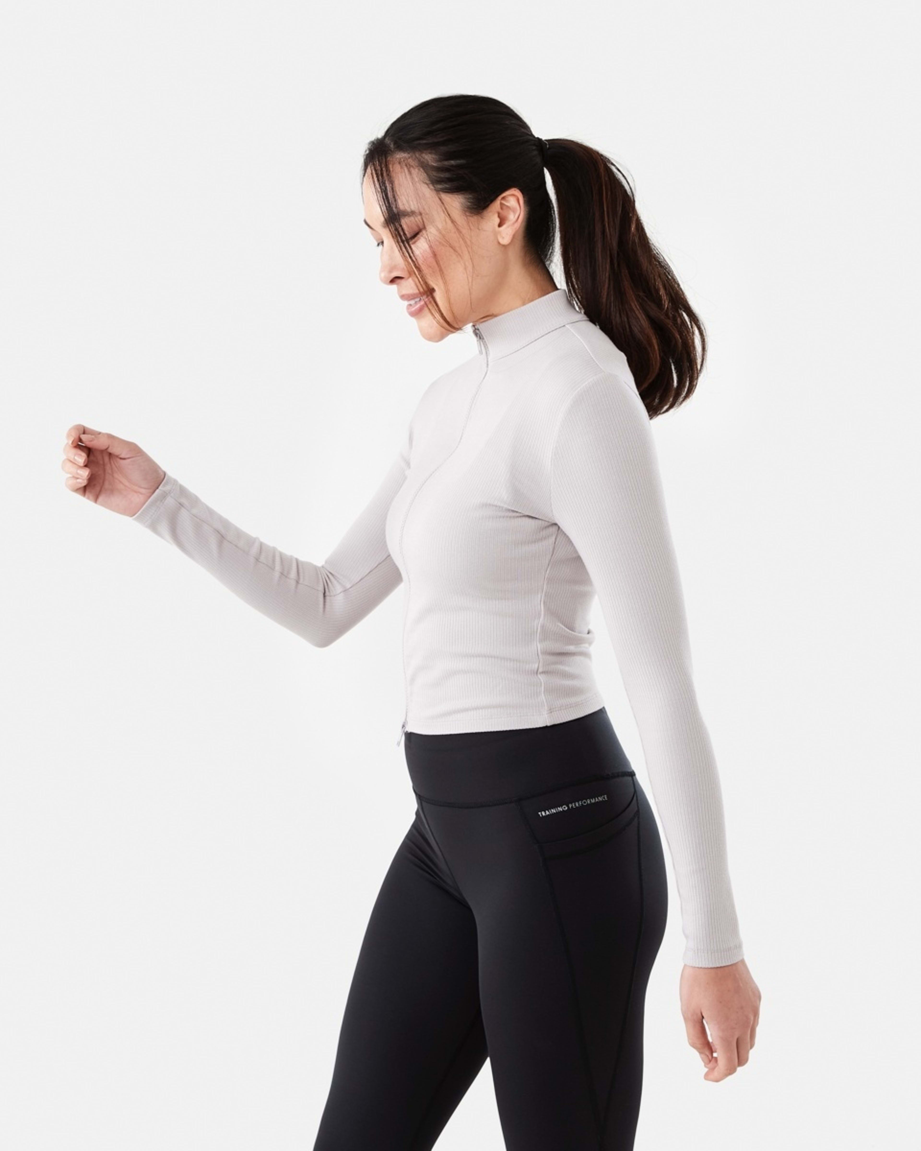 3 Active Womens Ribbed Zip Through Long Sleeve Top Porp Gry, 3 of 7