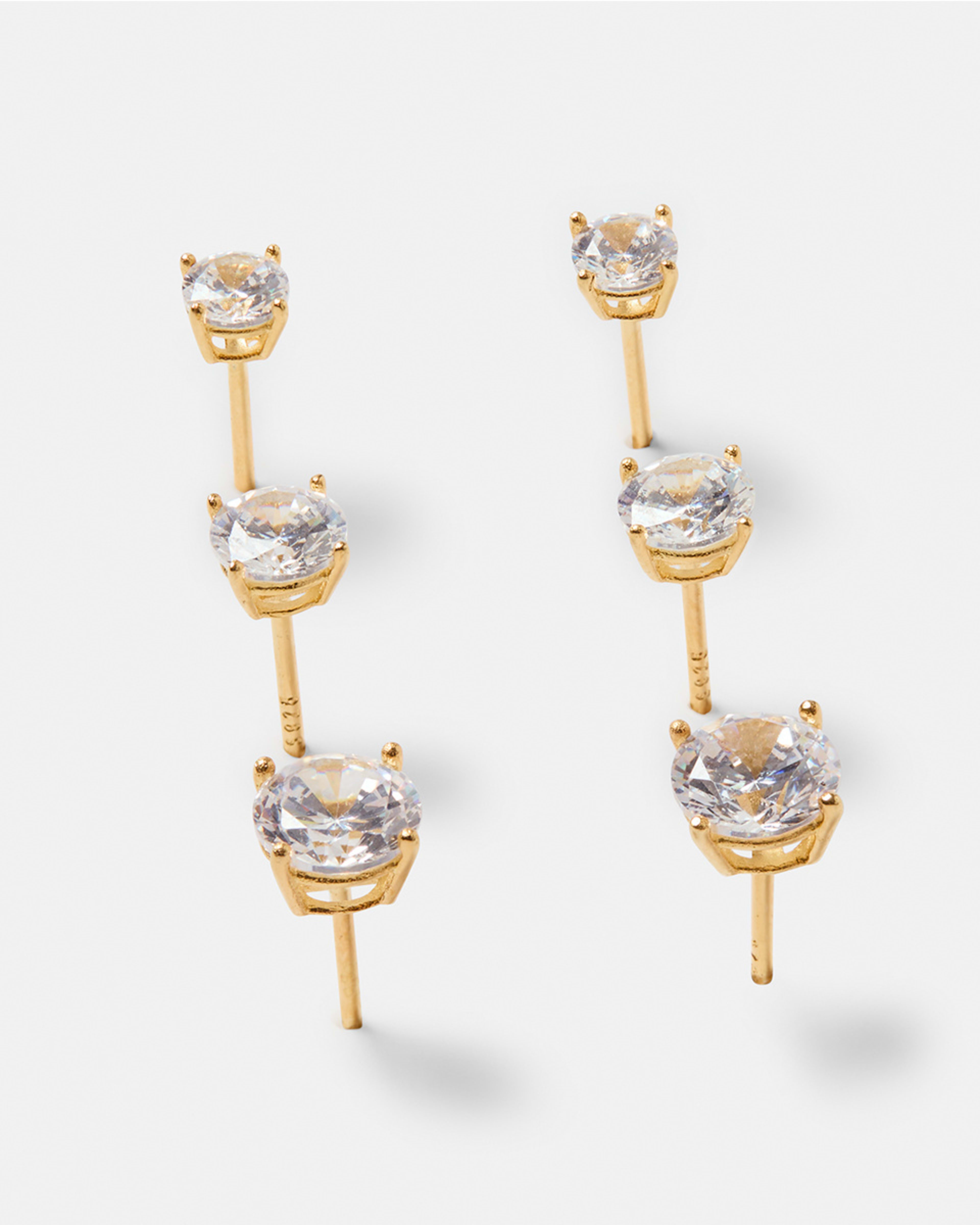 2 3 Pack Gold Plated Sterling Silver Diamante Stud Earrings Gold, 2 of 5