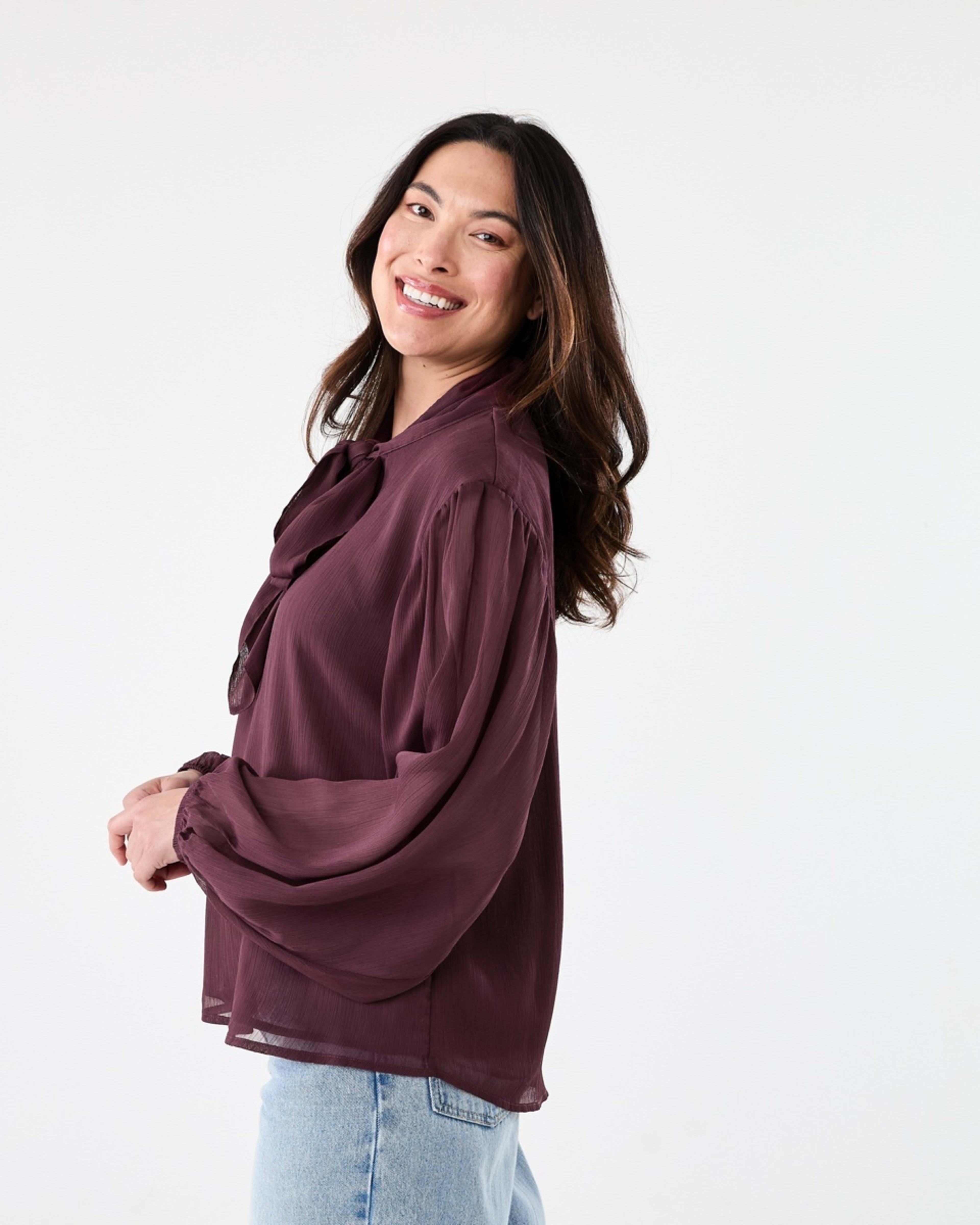 2 Long Sleeve Neck Tie Blouse Mulberry, 2 of 6