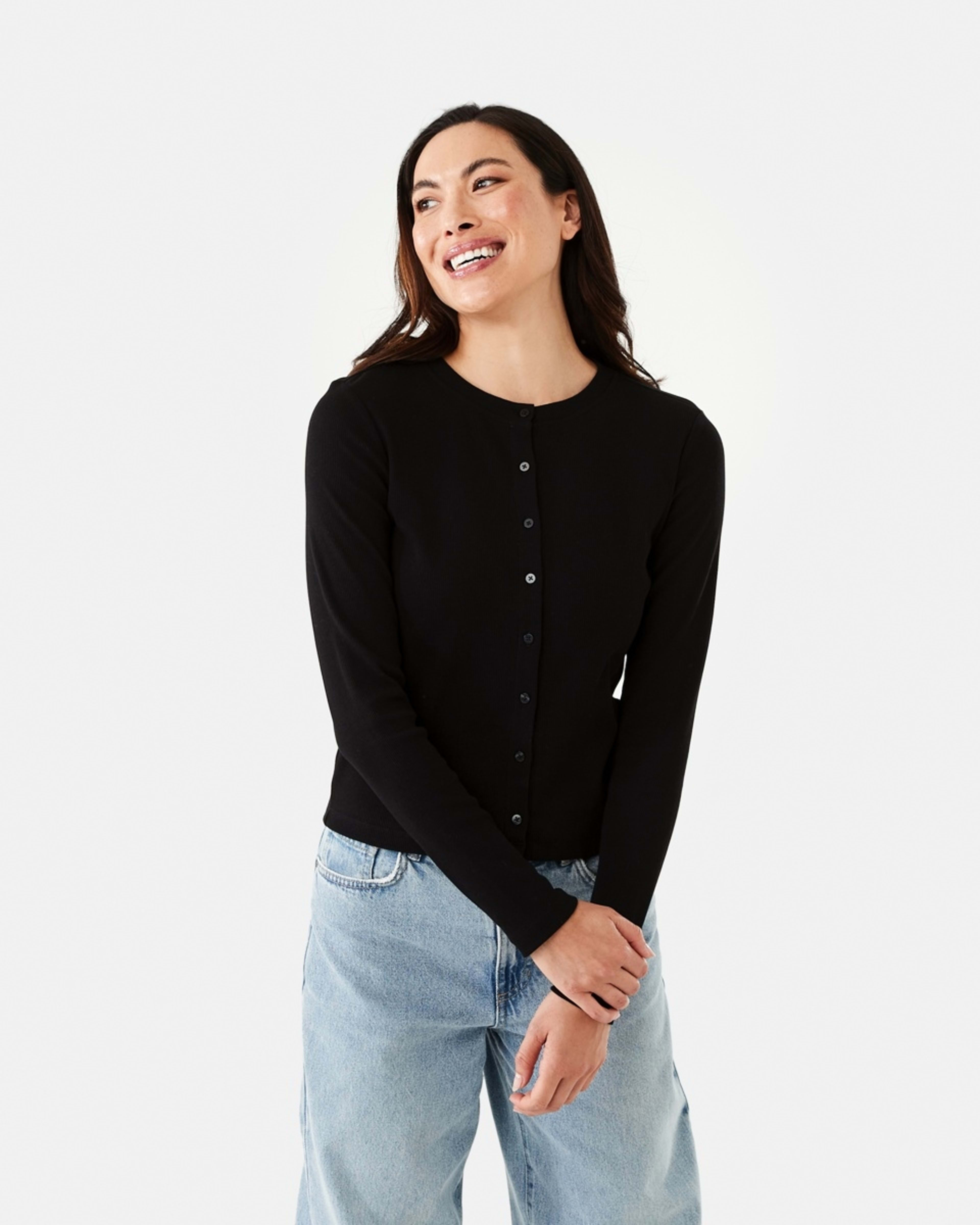 2 Long Sleeve Rib Button Front Top Black, 2 of 7