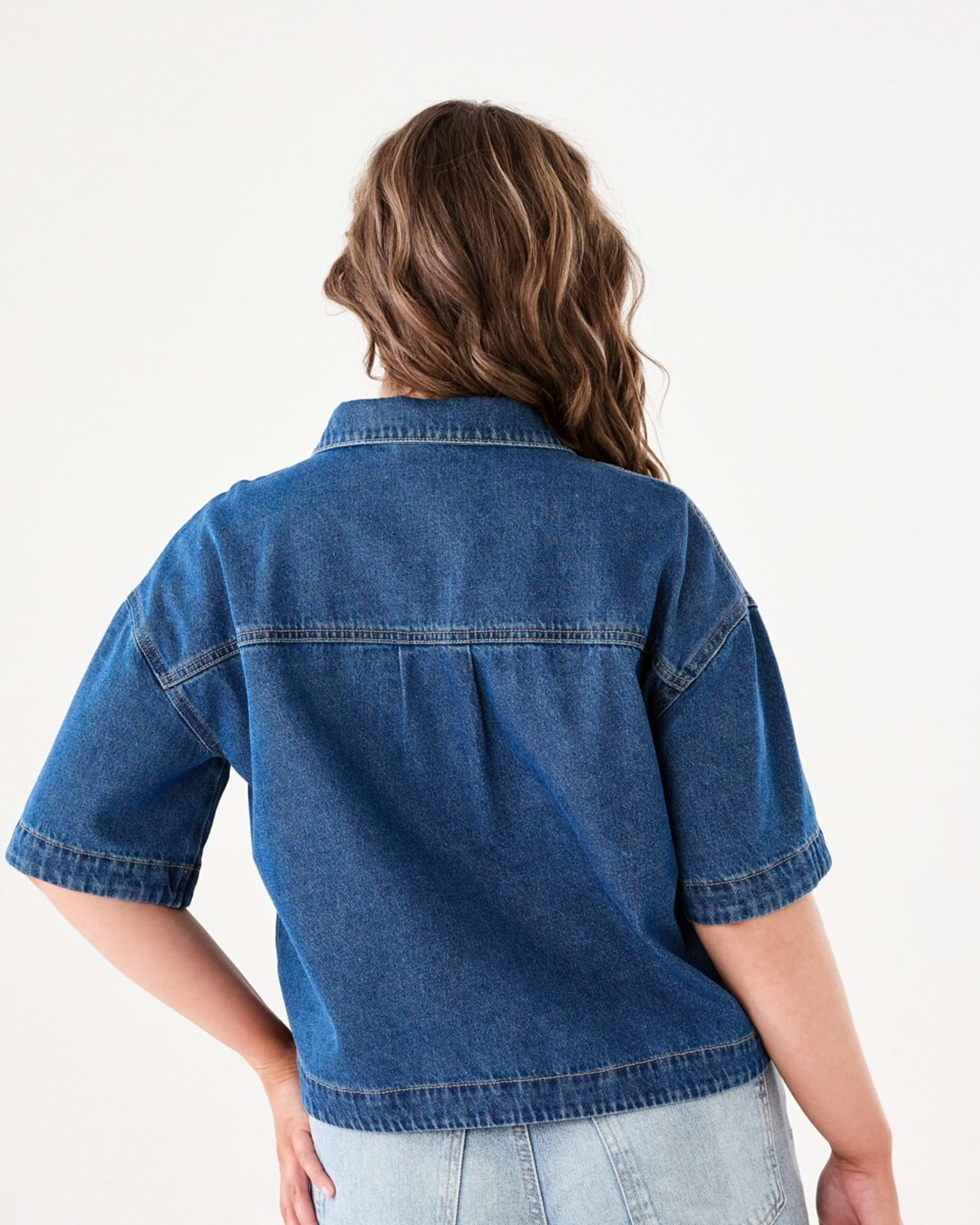 3 Short Sleeve Denim Cropped Shirt MID BLUE DENIM WASH, 3 of 6