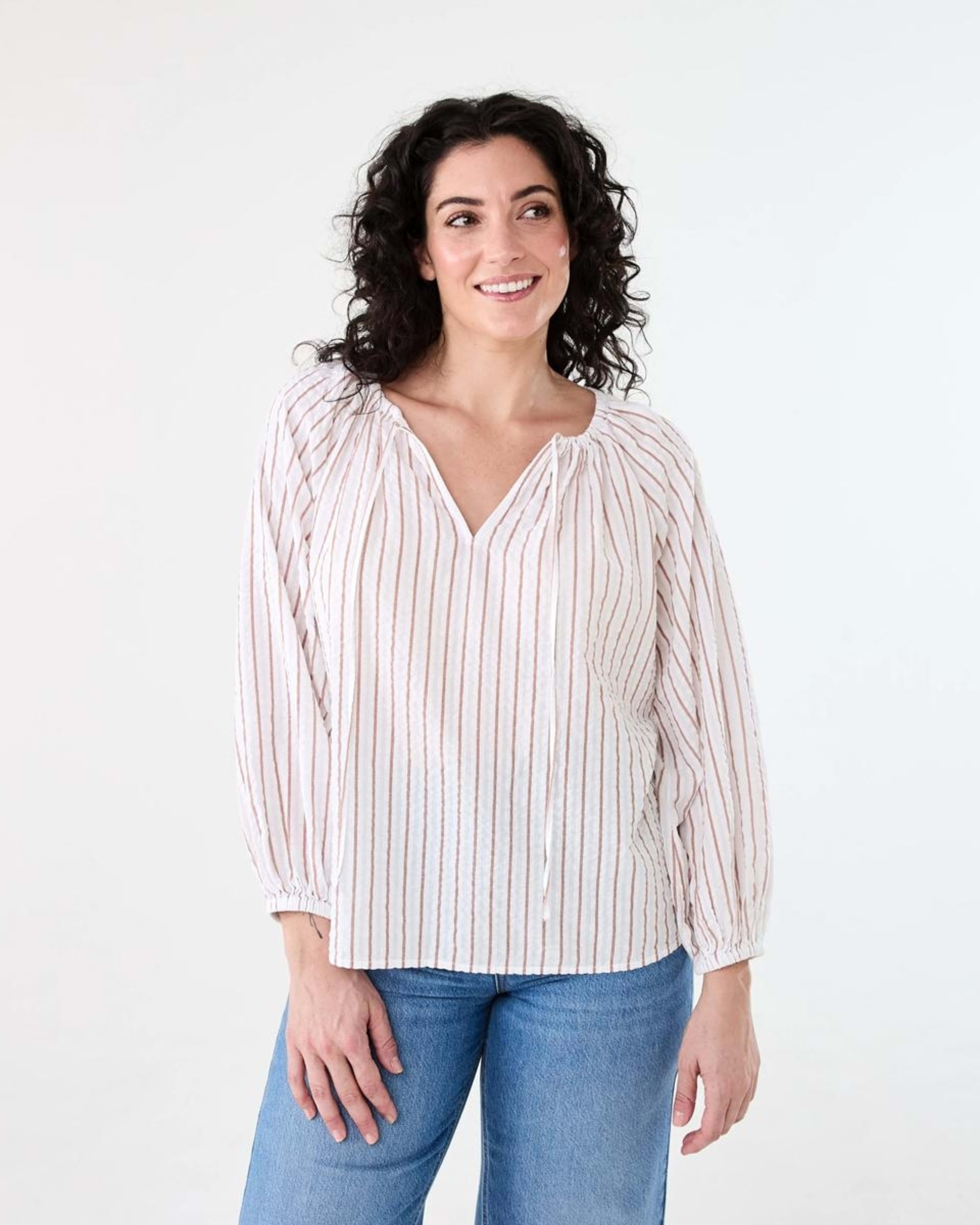 1 Long Sleeve Seersucker Tie Top RUSSET STRIPE, 1 of 6