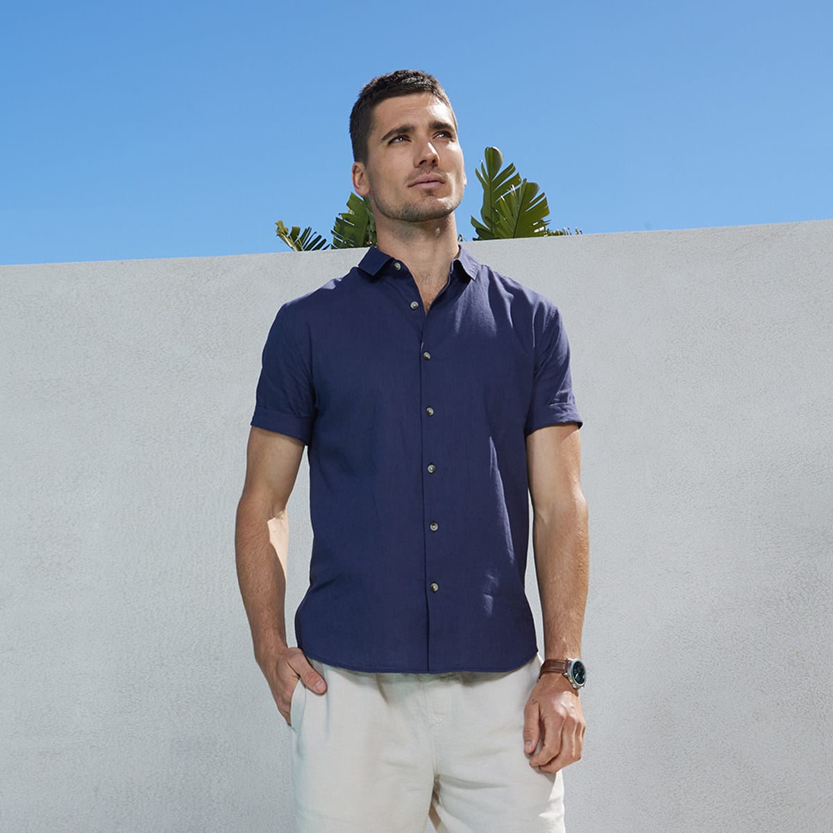 Short Sleeve Solid Linen Blend Shirt 