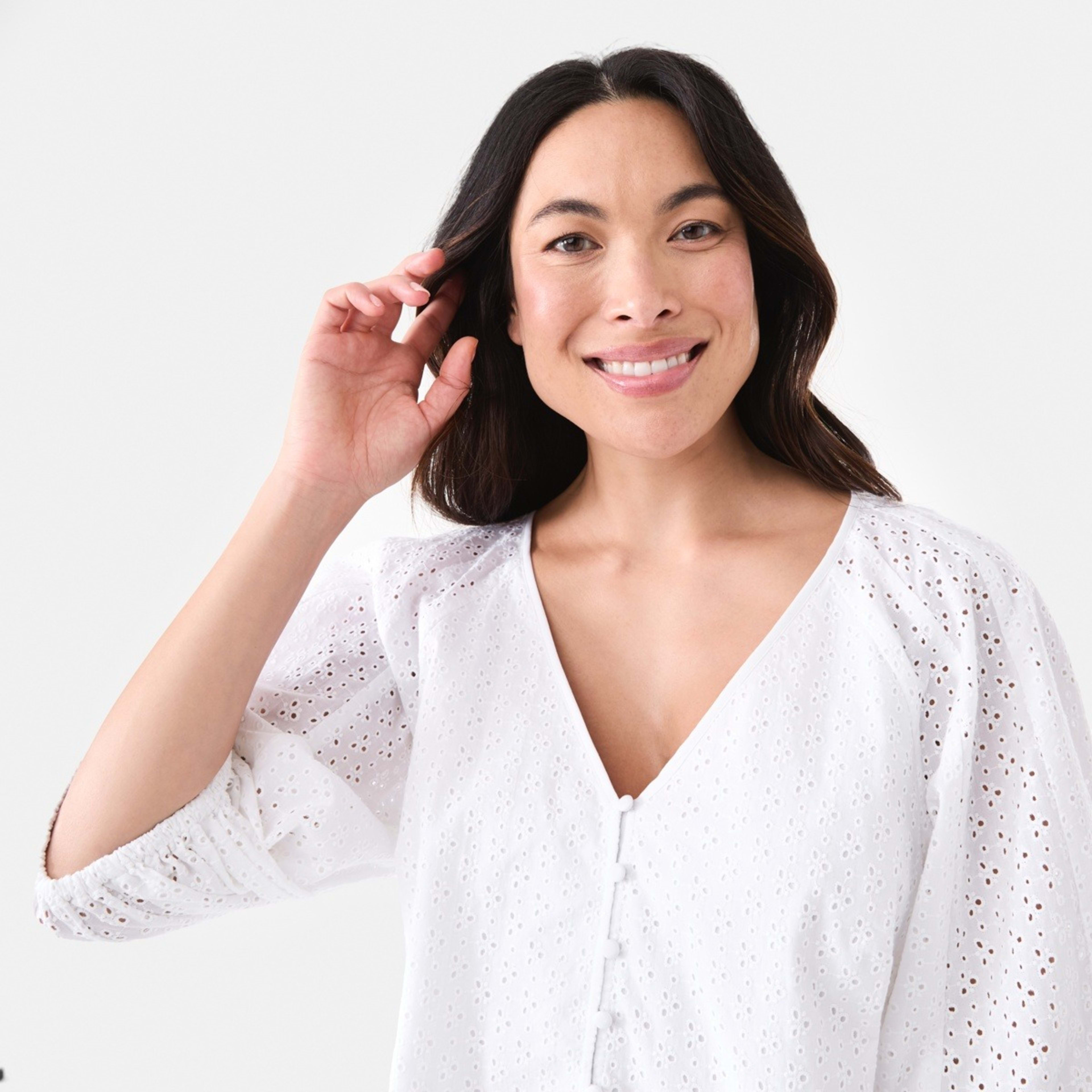 4 Short Sleeve Broderie Button Front Top White, 4 of 6