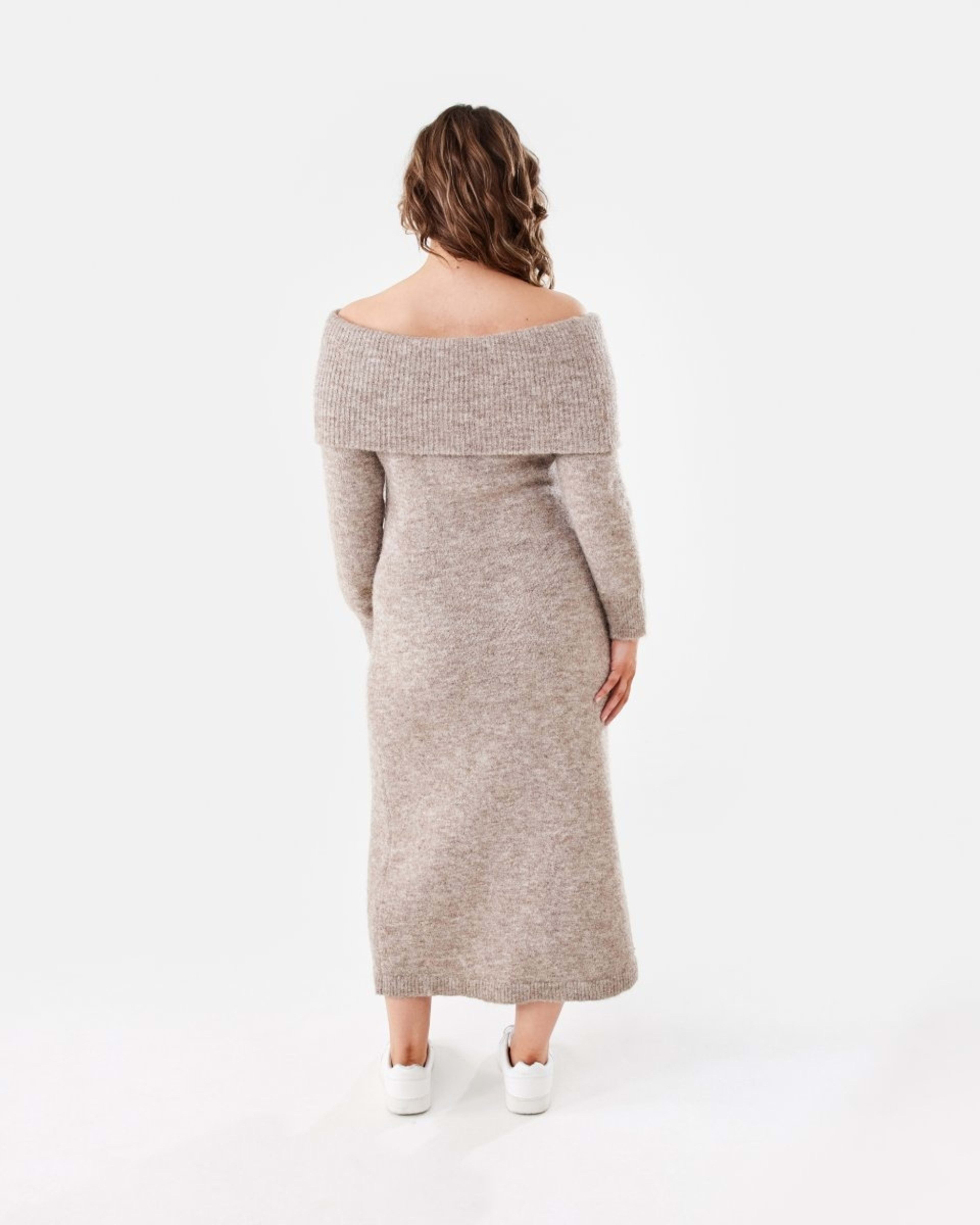 3 Long Sleeve Off Shoulder Knit Midi Dress Taupe Mrl, 3 of 5