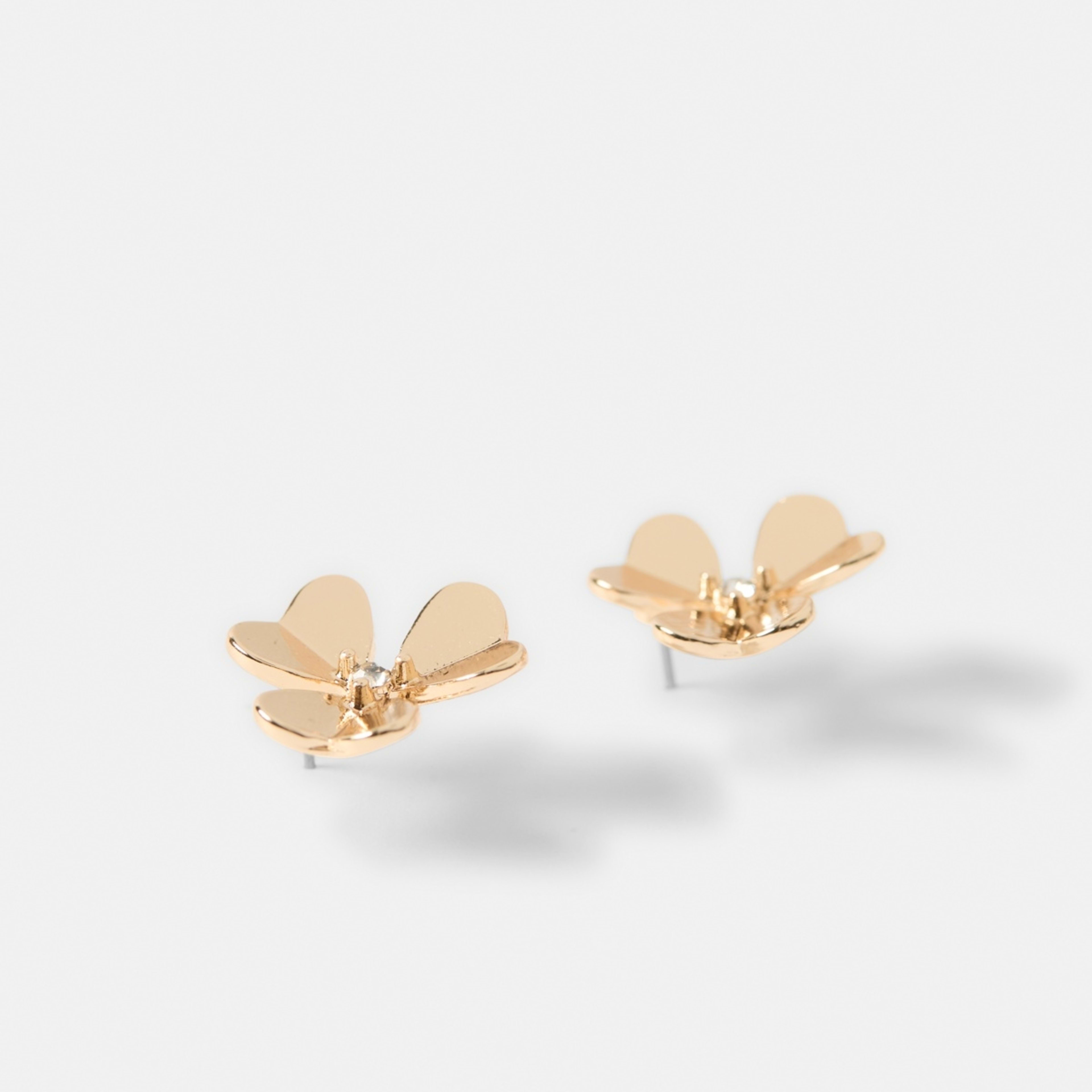 2 Three Petal Crystal Flower Stud Earrings - Gold Tone, 2 of 5