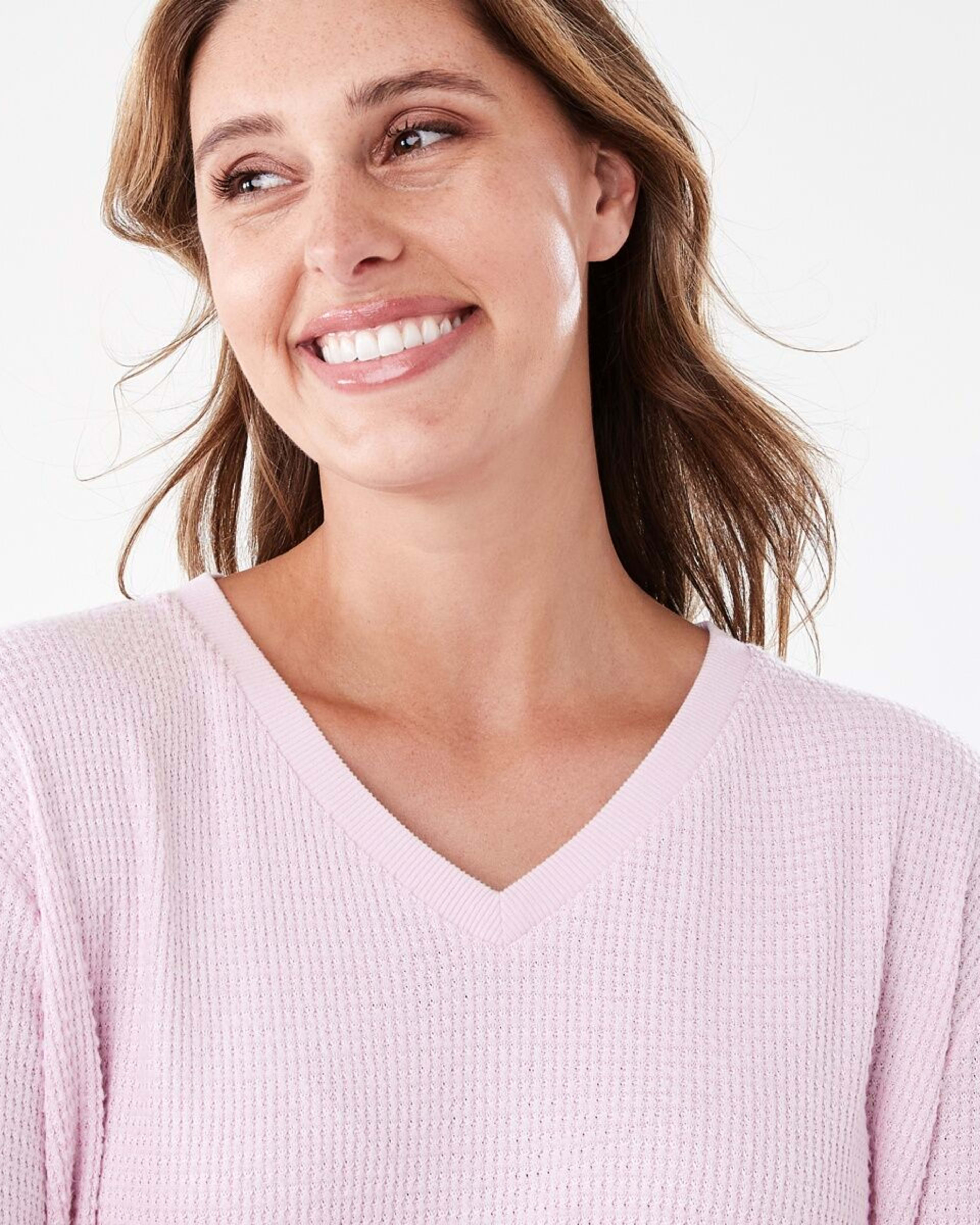4 Waffle Long Sleeve Top and Pants Lounge Pyjama Set Pink Marle, 4 of 7