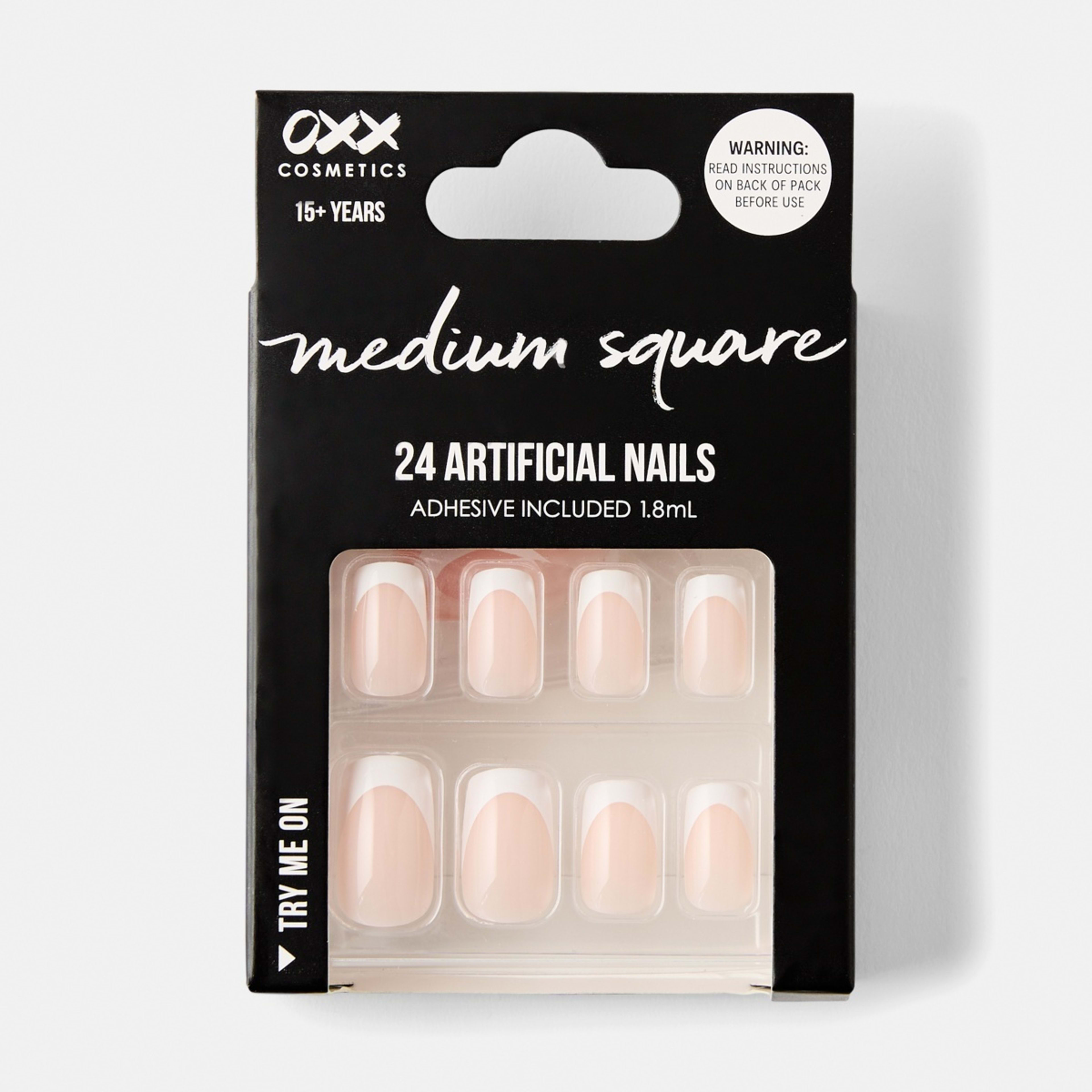 1 OXX Cosmetics 24 Pack Artificial Nails with Adhesive - Medium Square Shape, French Tip