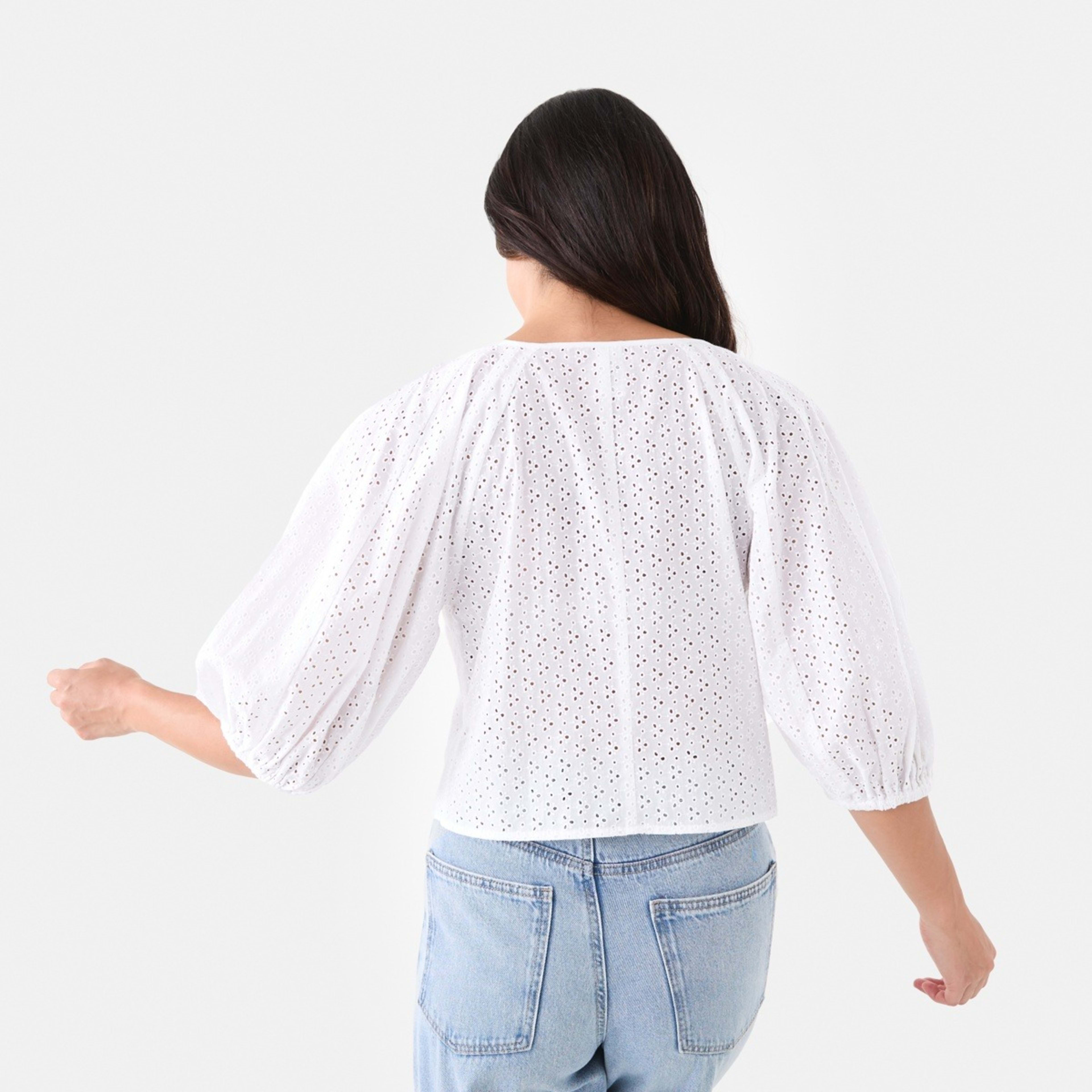 3 Short Sleeve Broderie Button Front Top White, 3 of 6