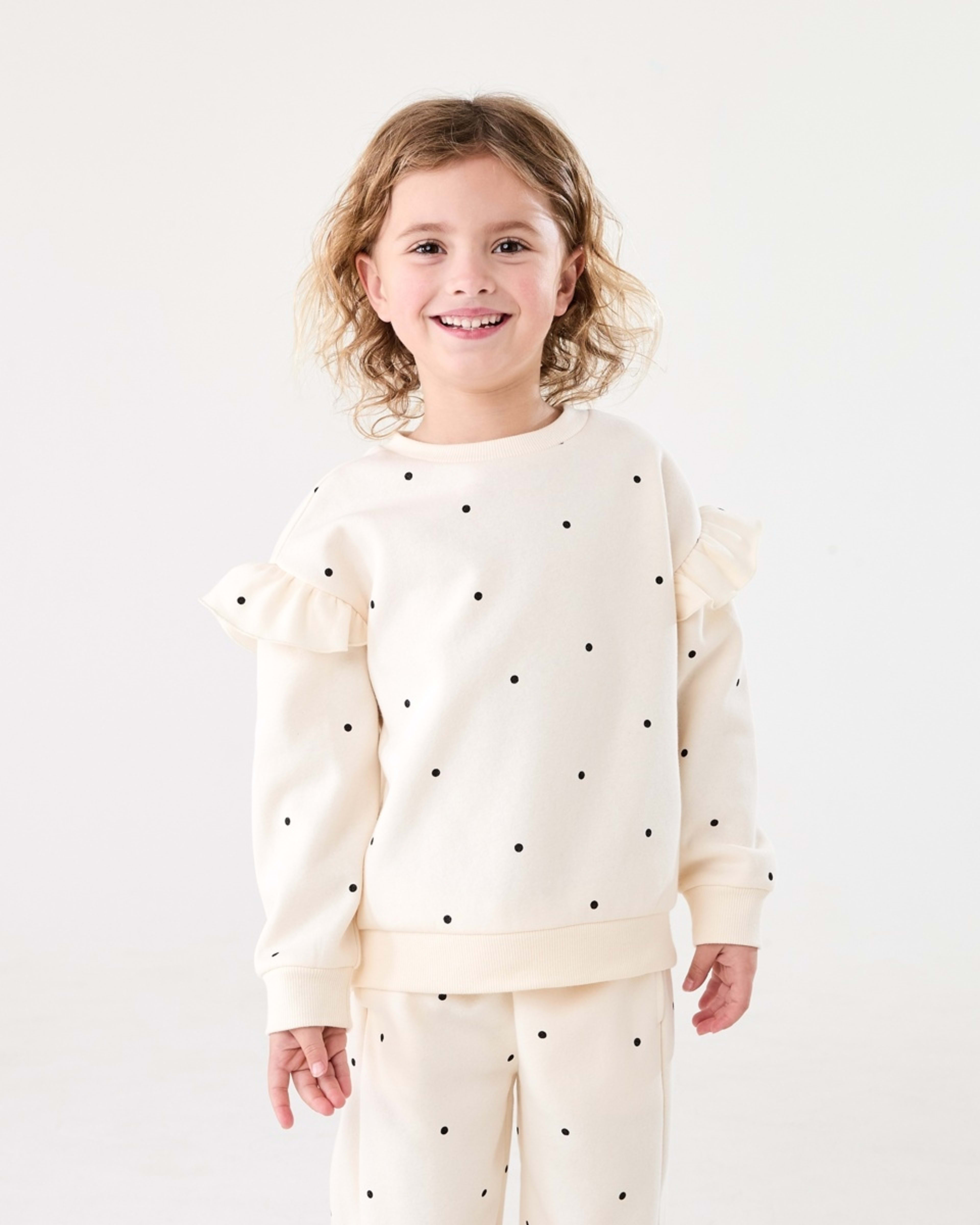 1 Frill Sleeve All Over Print Crew Neck Sweatshirt HAIL GLITTER SPOTS BUTTER BEIGE, 1 of 6