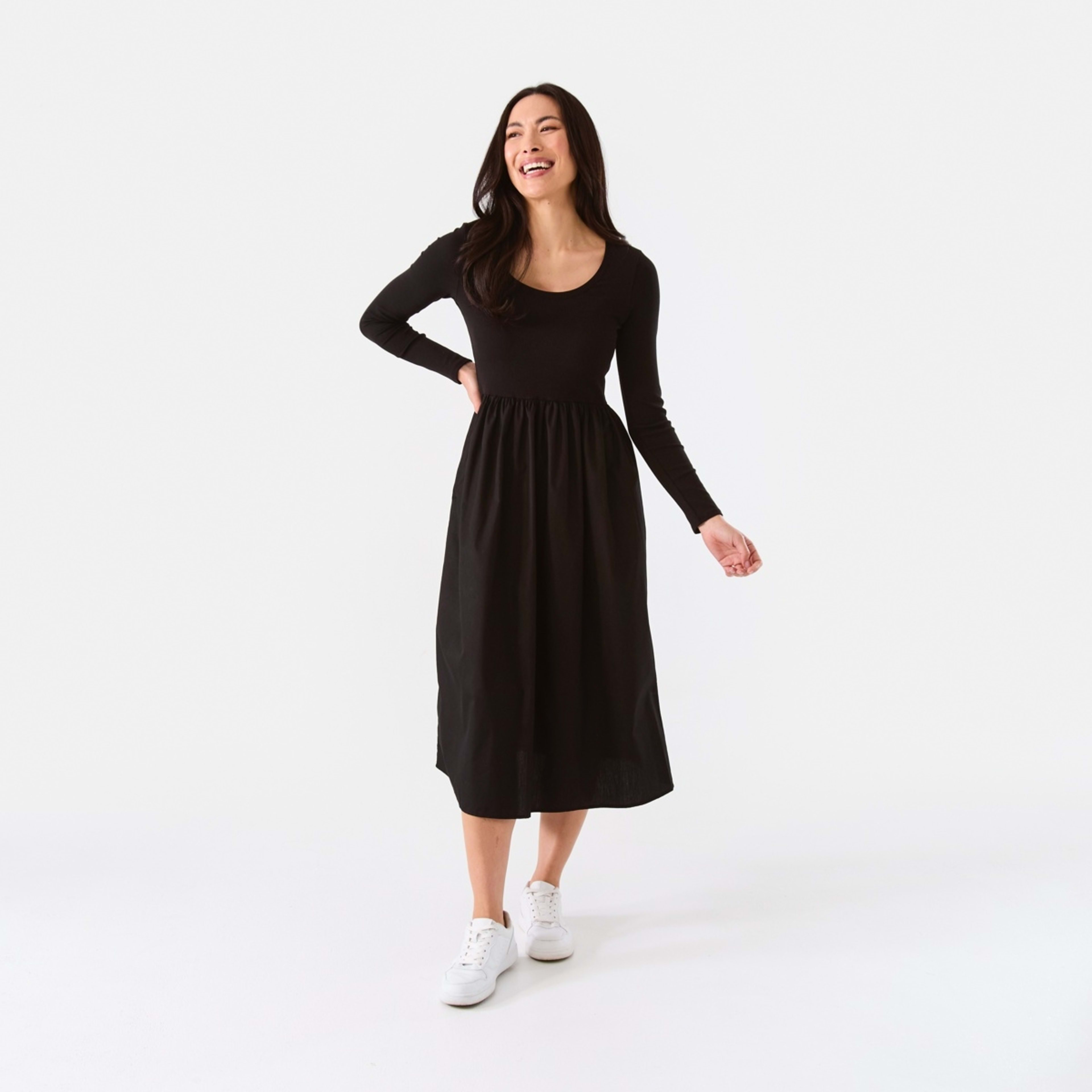 1 Long Sleeve Knit Woven Midi Dress Black, 1 of 7