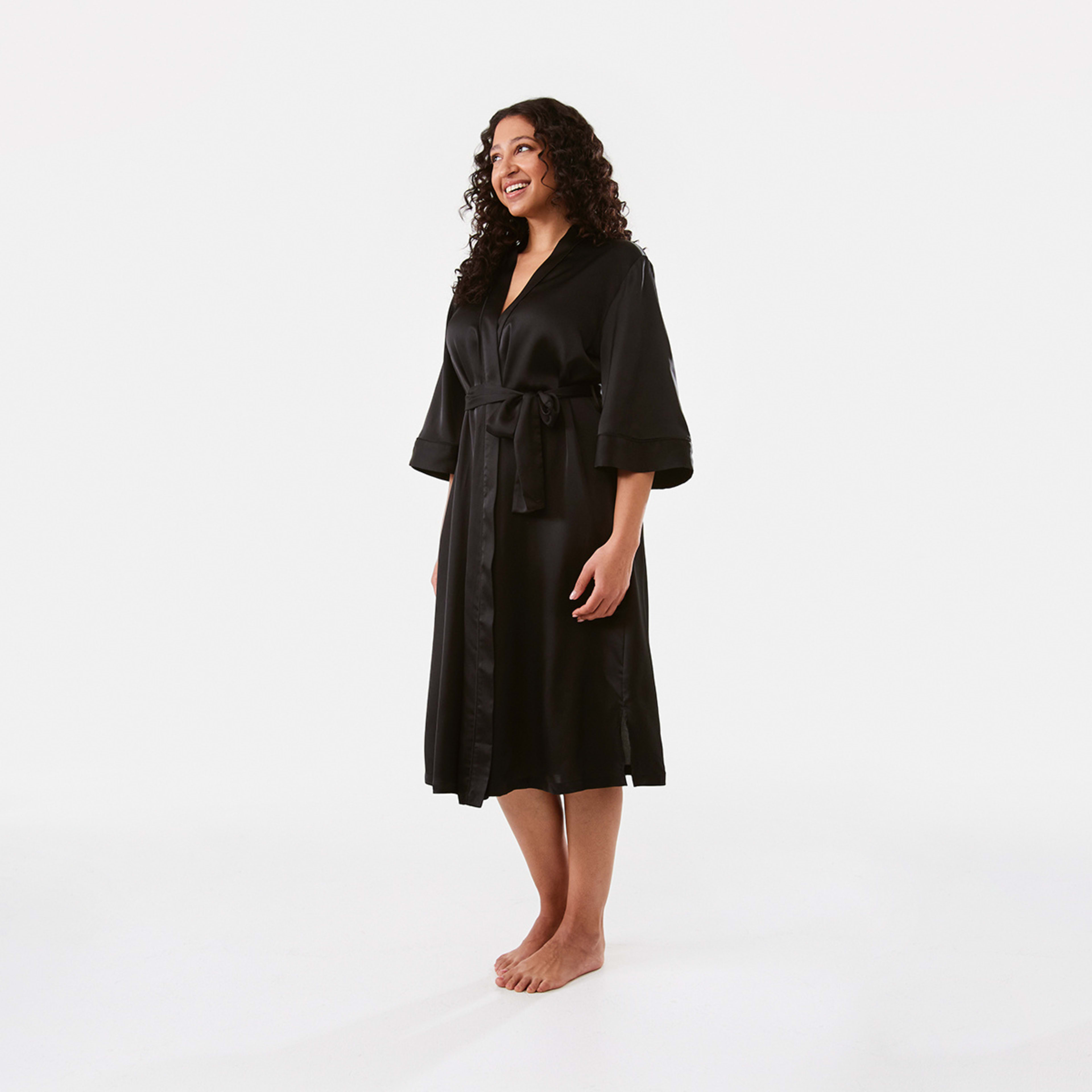 2 Longline Satin Kimono Gown Black, 2 of 6