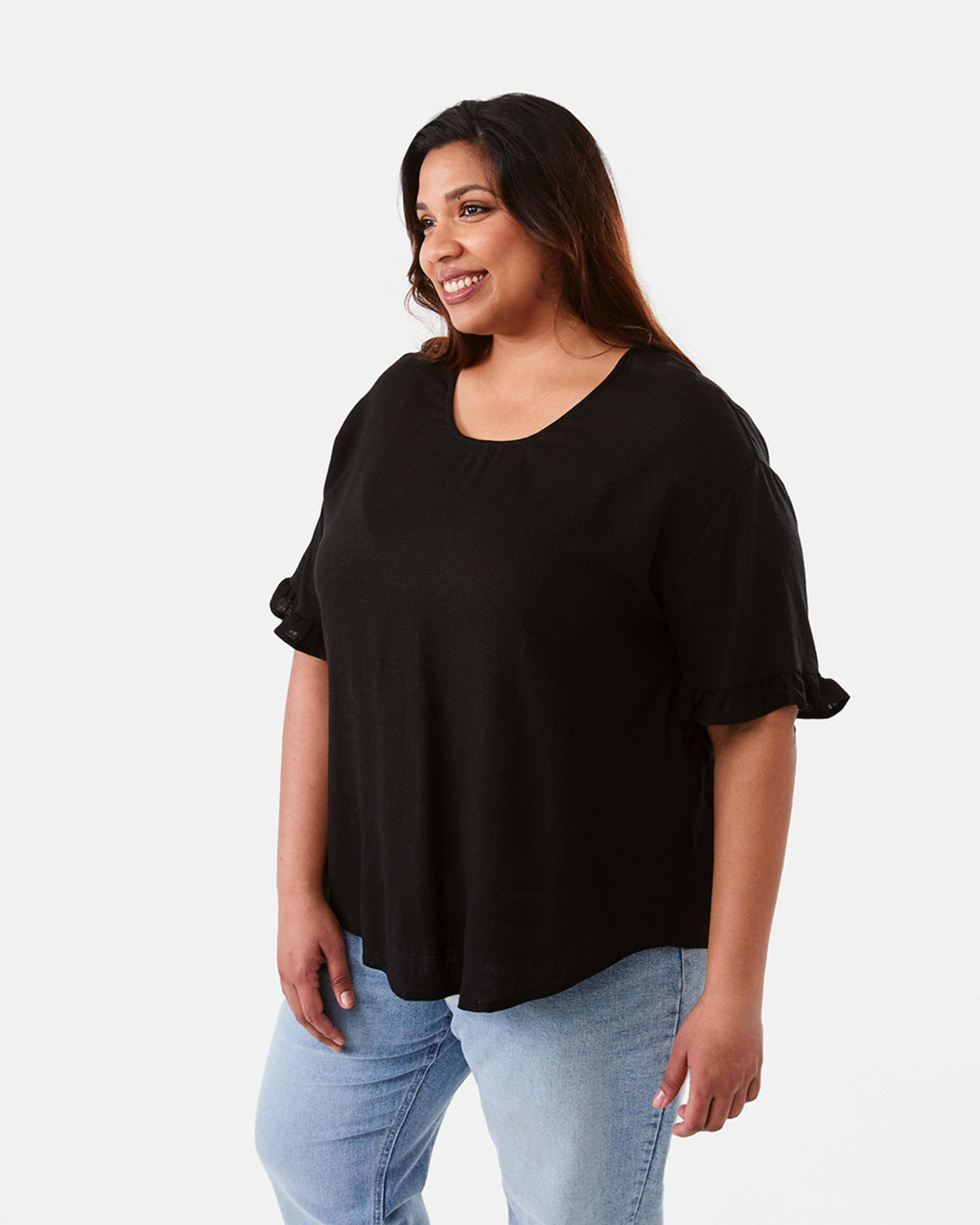 2 Curve Short Sleeve Button Back Top Black, 2 of 7