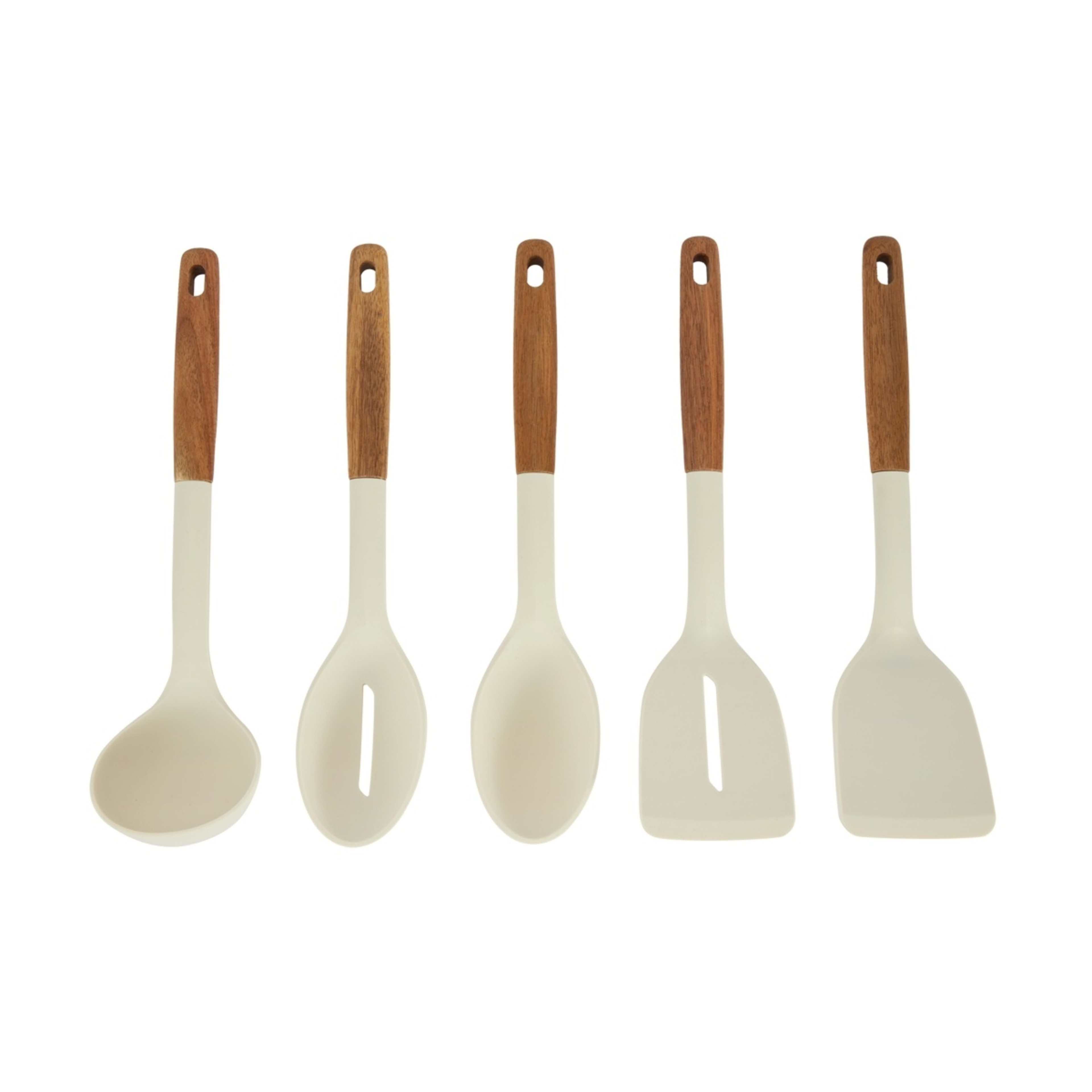 1 Set of 5 Silicone Utensils with Acacia Handles
