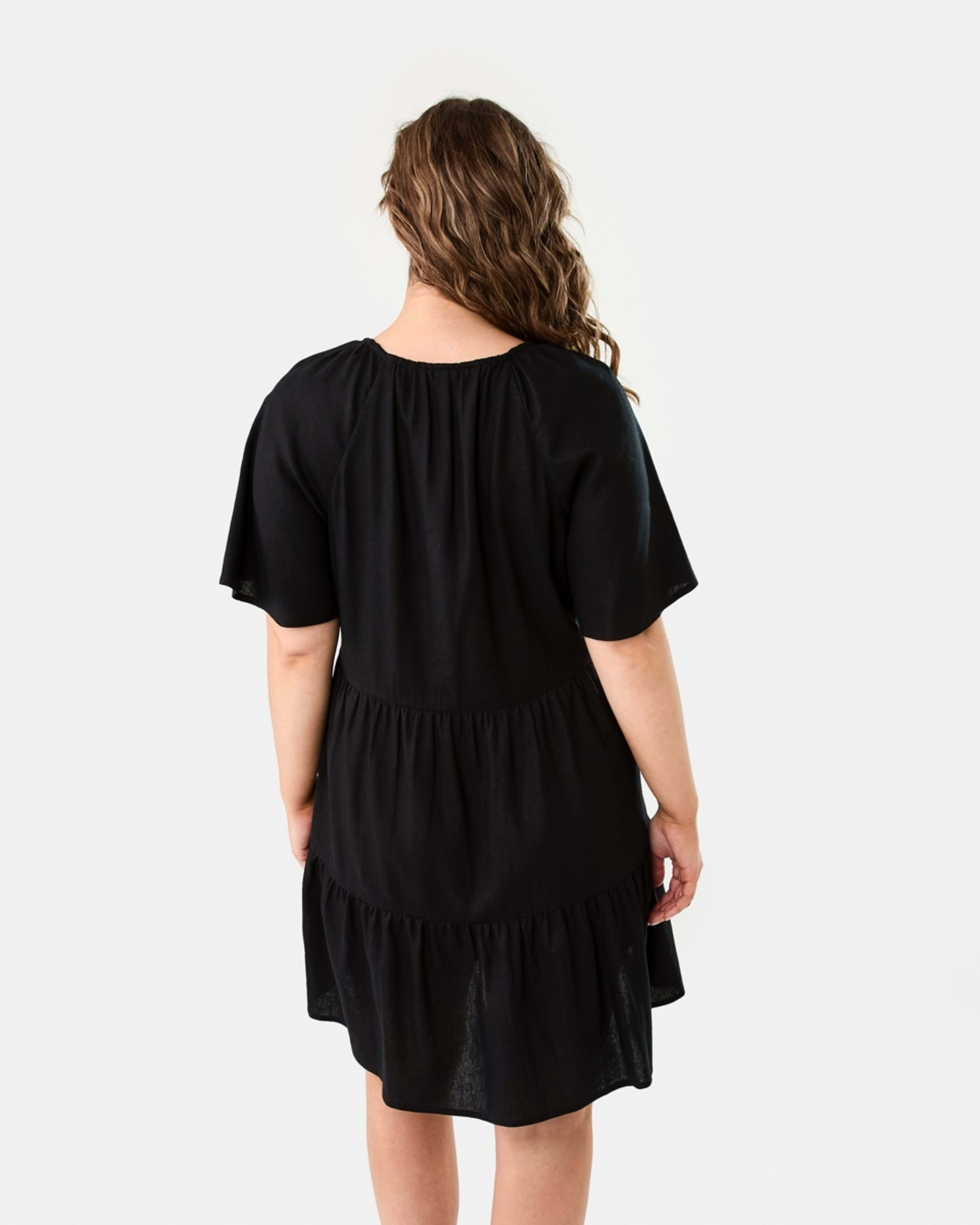 4 Short Sleeve Linen Blend Tiered Mini Dress BLACK, 4 of 9