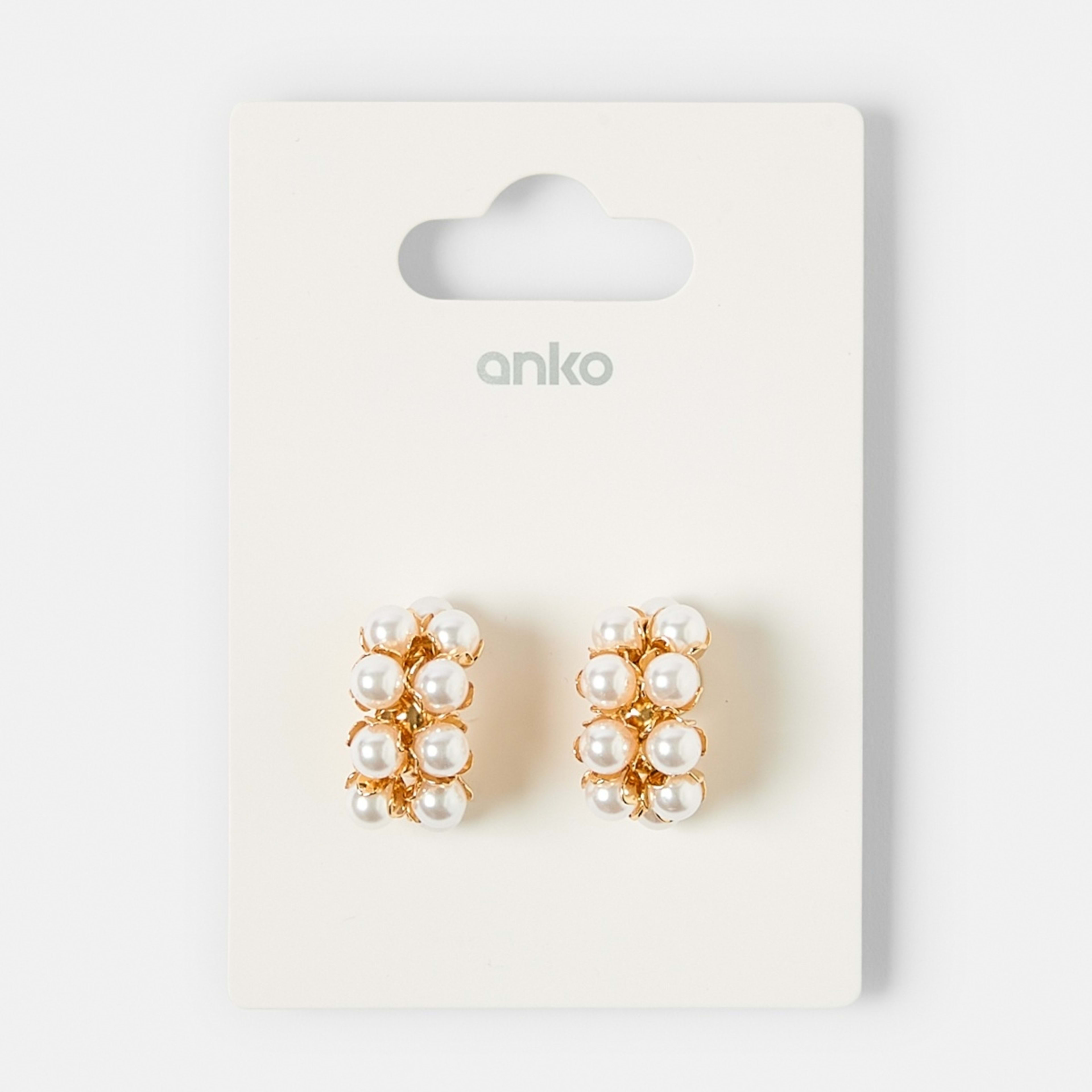 5 2 Rows Faux Pearl Hoop Earrings - Gold Tone and White, 5 of 5