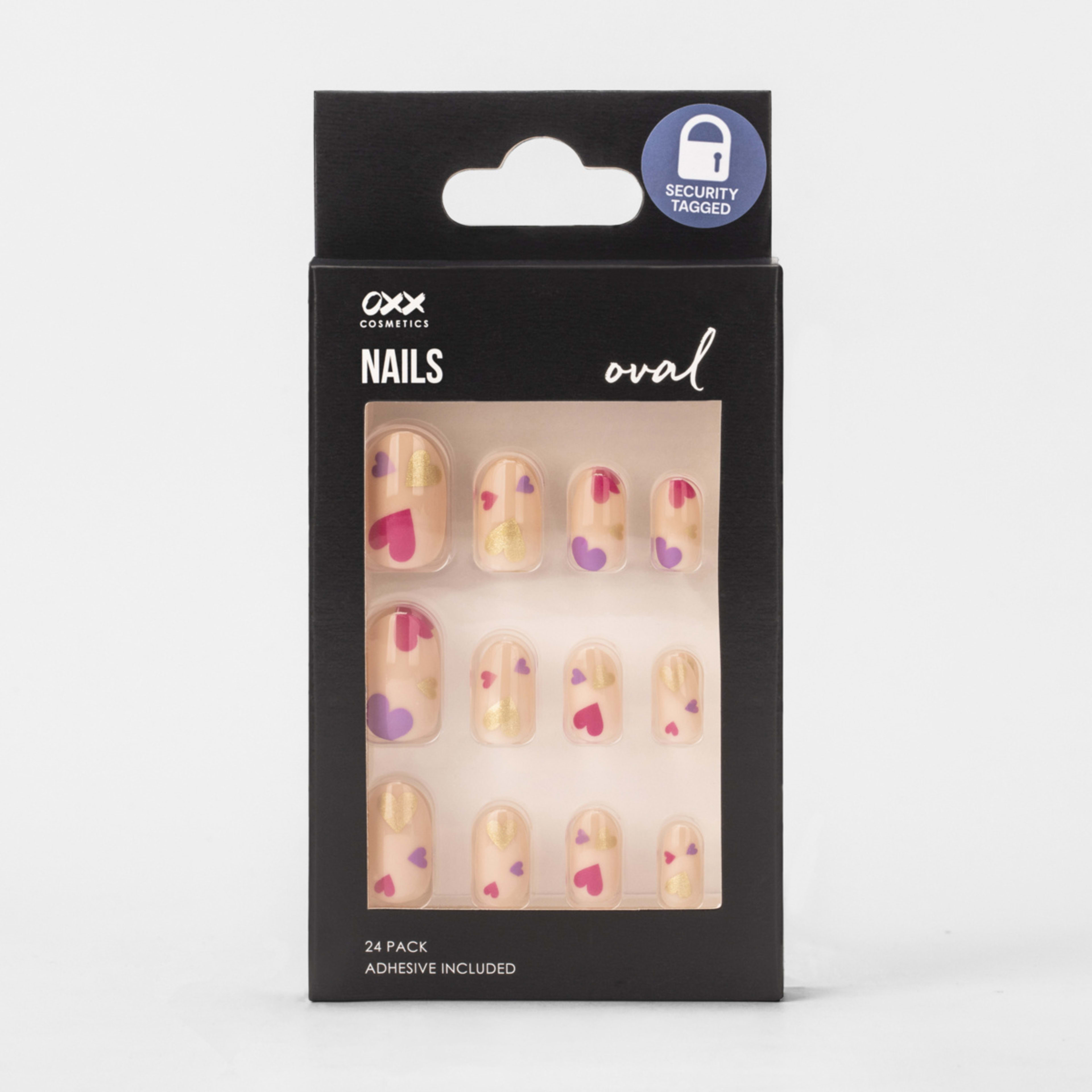 1 OXX Cosmetics 24 Pack False Nails with Adhesive - Oval Shape, Metallic Hearts
