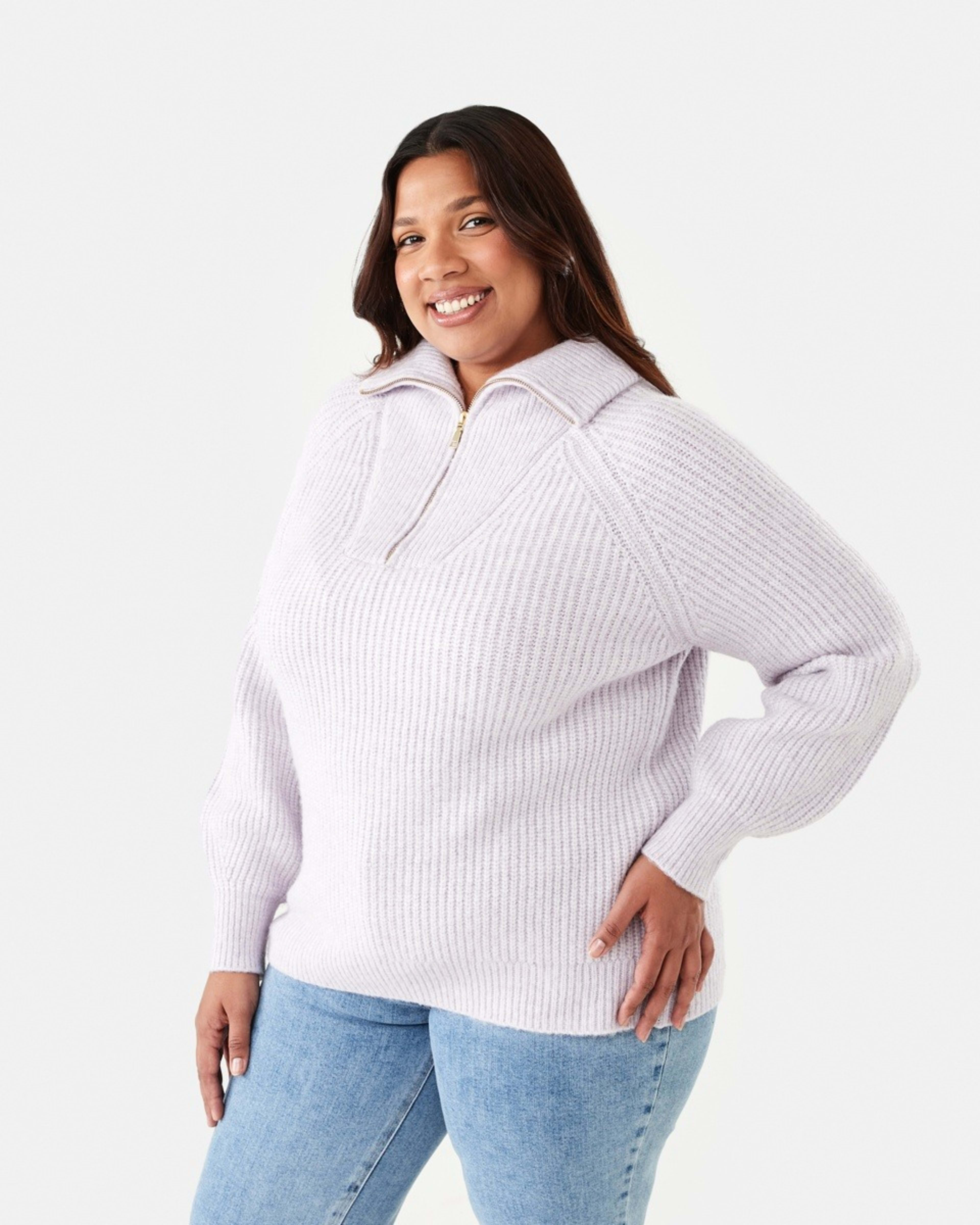 2 Curve Quarter Zip Cable Knit Jumper Purple Haze Marl, 2 of 5