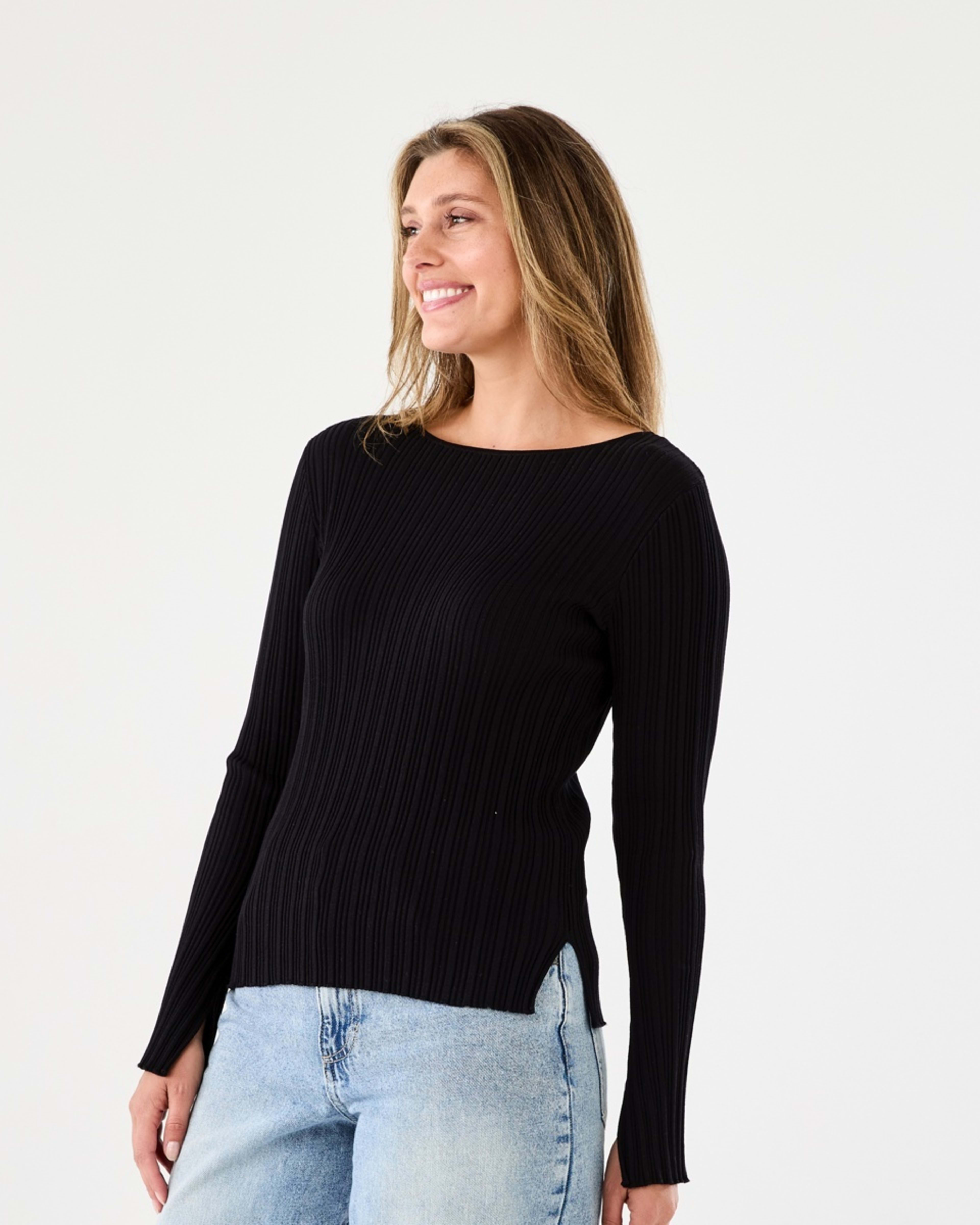 2 Long Sleeve Rib Boat Neck Top BLACK, 2 of 7