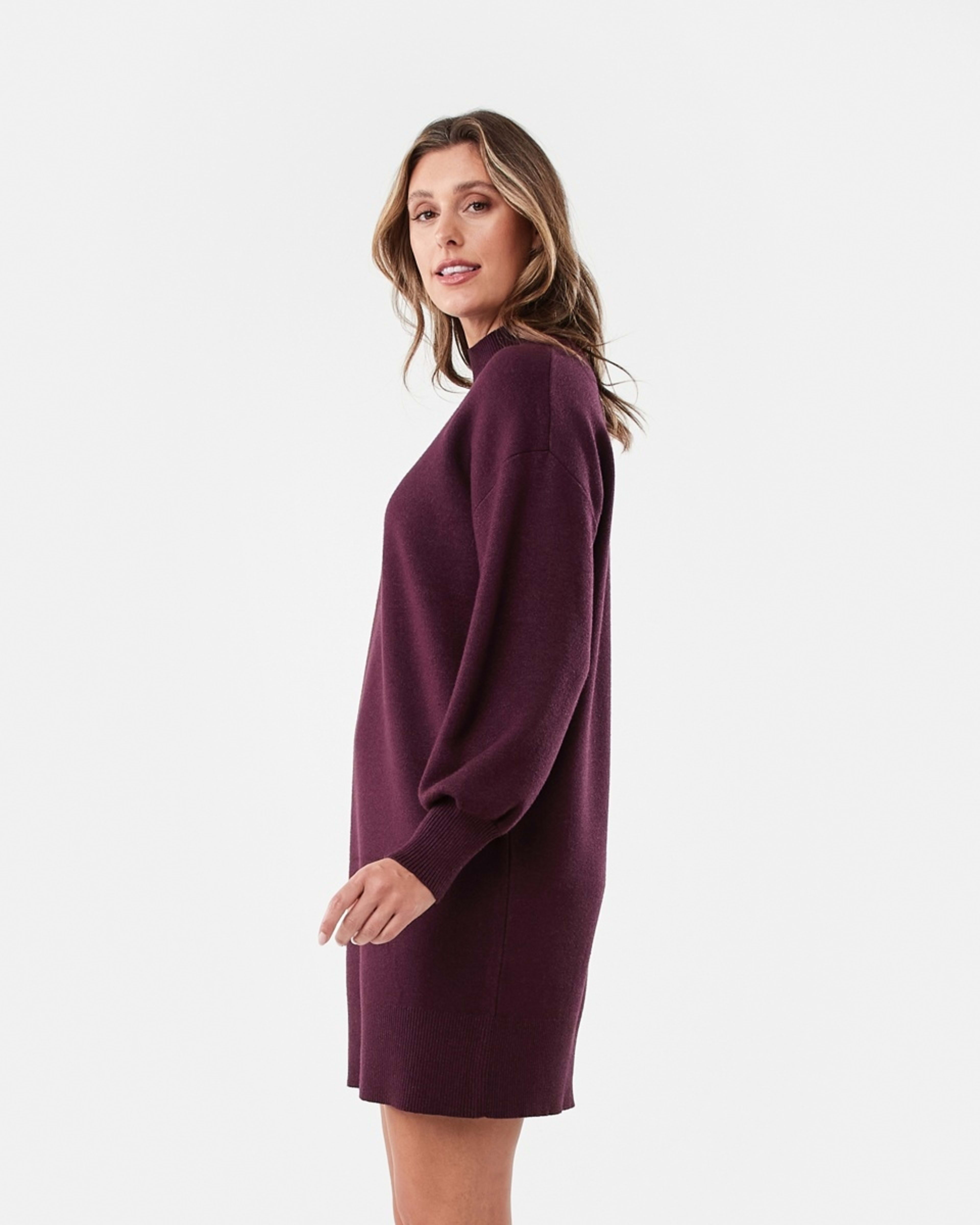 2 Long Sleeve Mock Neck True Knit Mini Dress Mulberry, 2 of 7