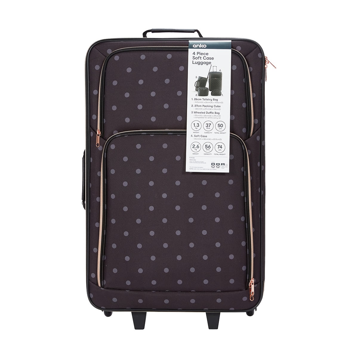 4 Piece Polka Dot Soft Case Luggage Set Black Kmart NZ