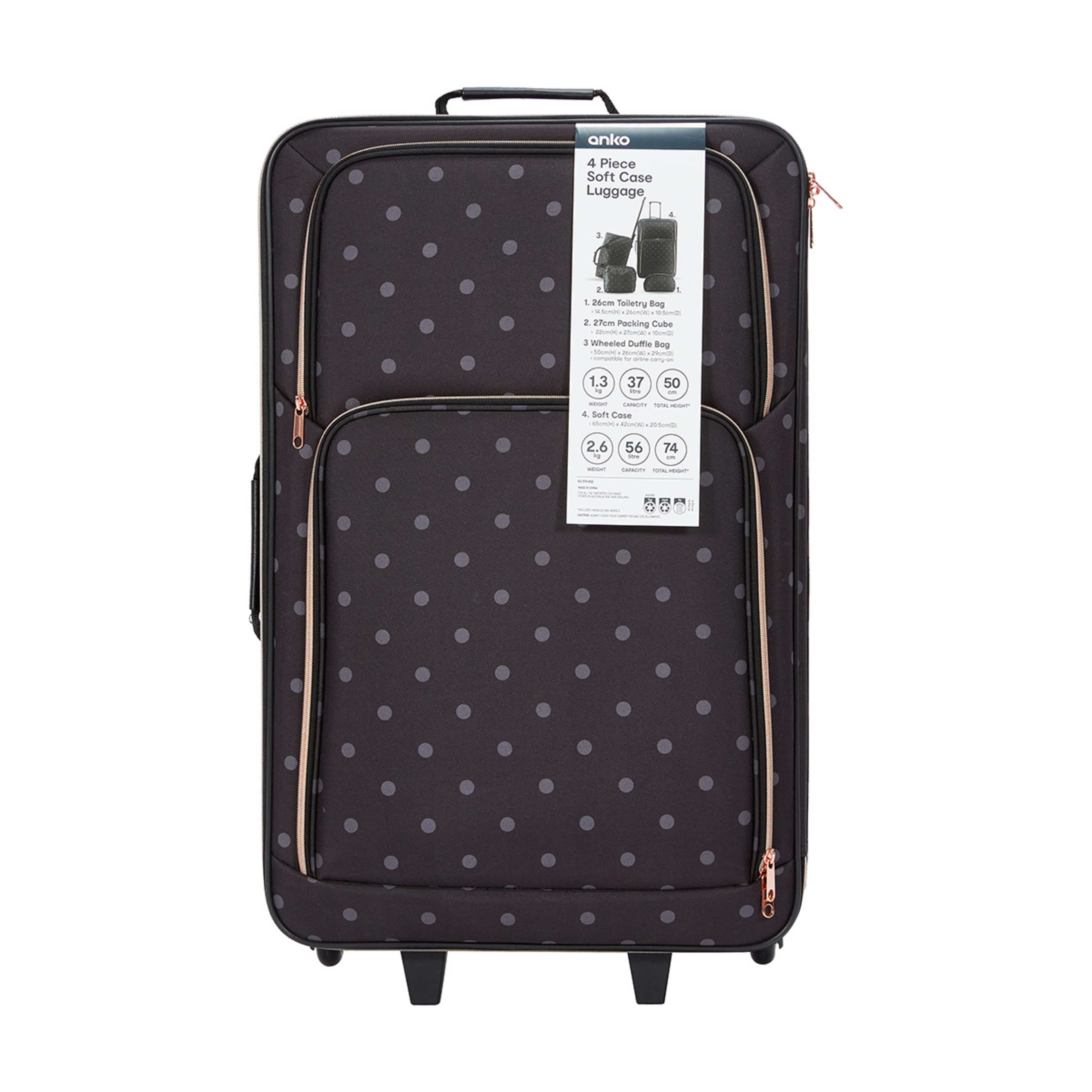 4 Piece Polka Dot Soft Case Luggage Set Black Kmart