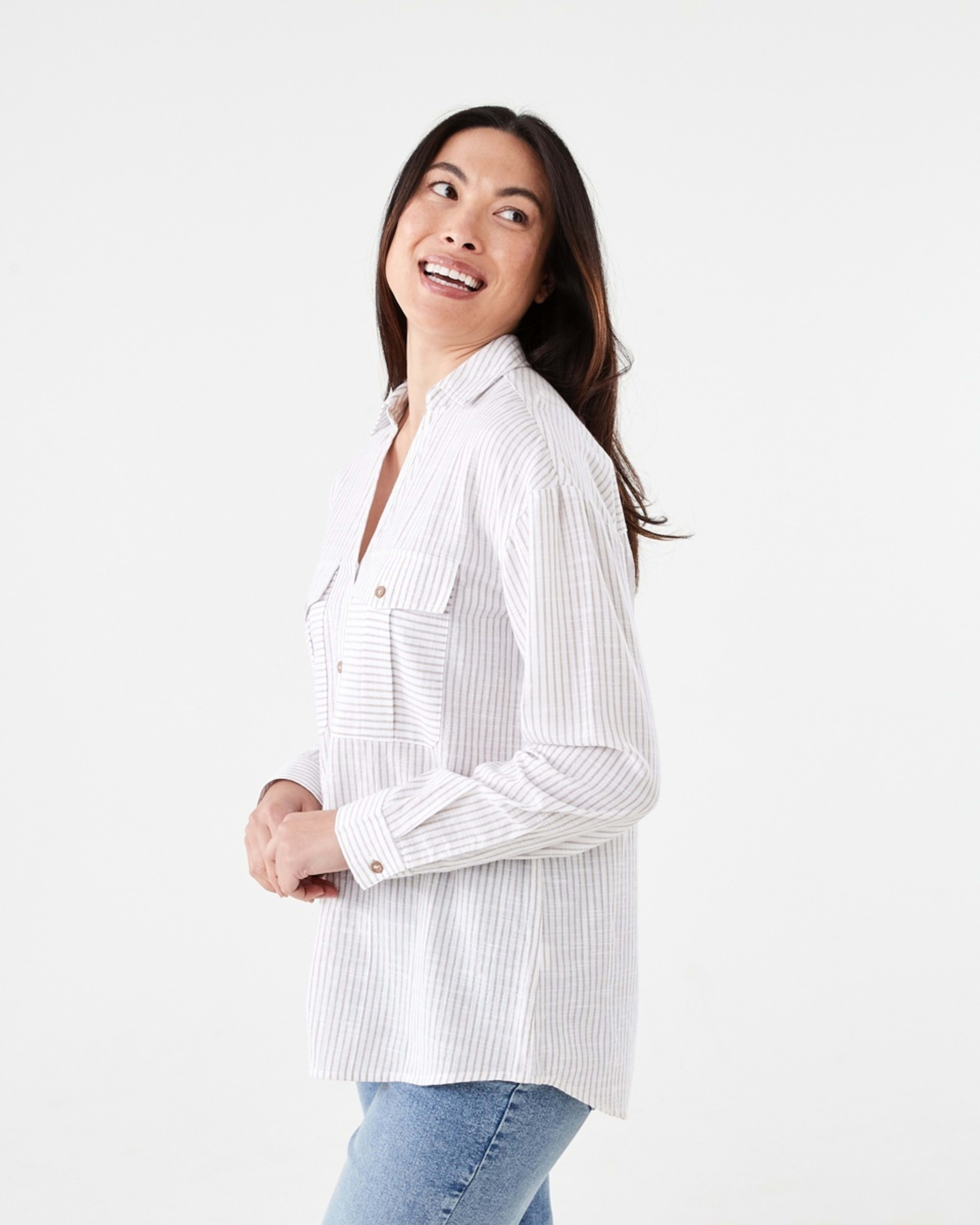 2 Long Roll Sleeve Cotton Shirt Strp Taupe, 2 of 6