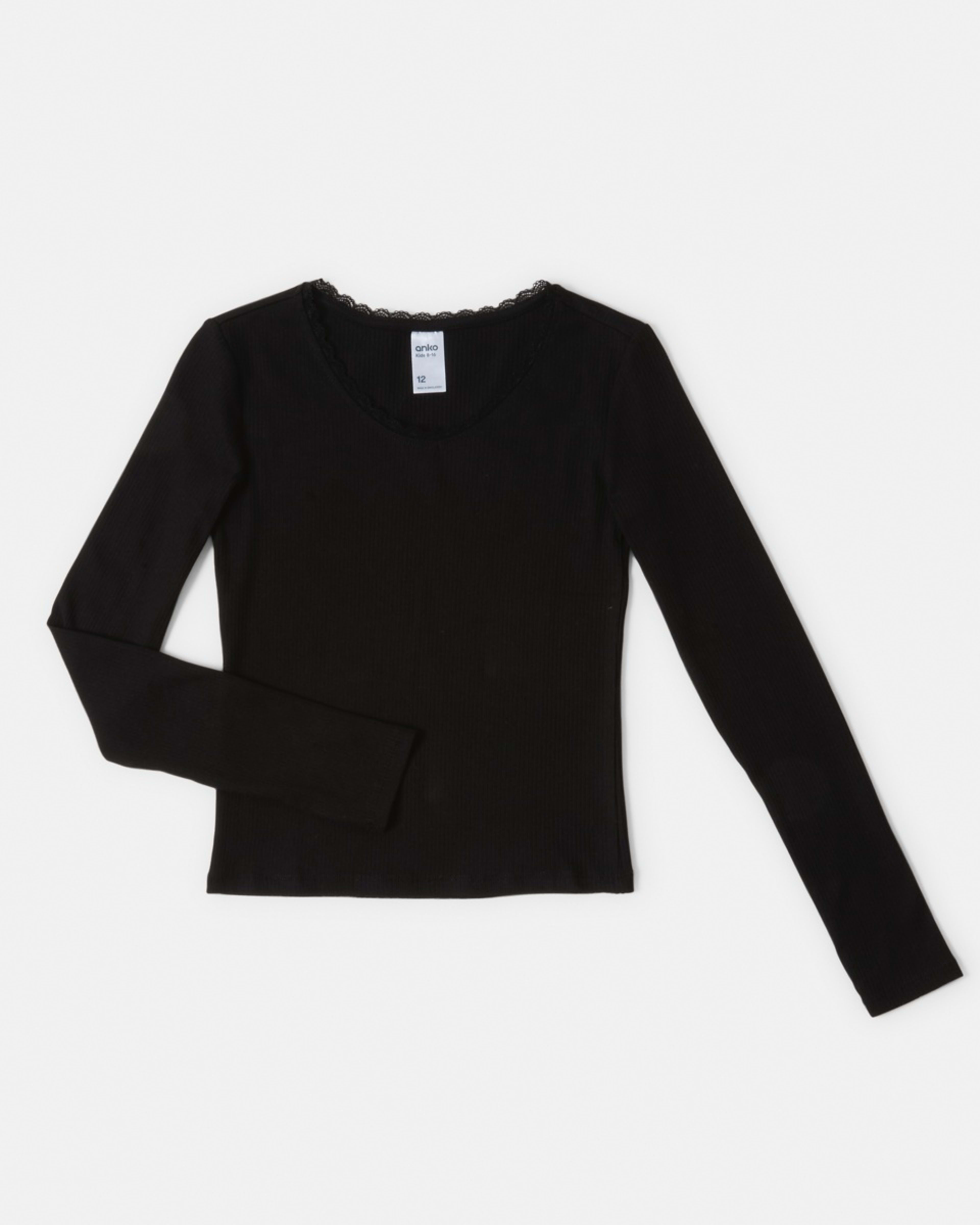 7 Long Sleeve Rib Top with Lace Black, 7 of 8