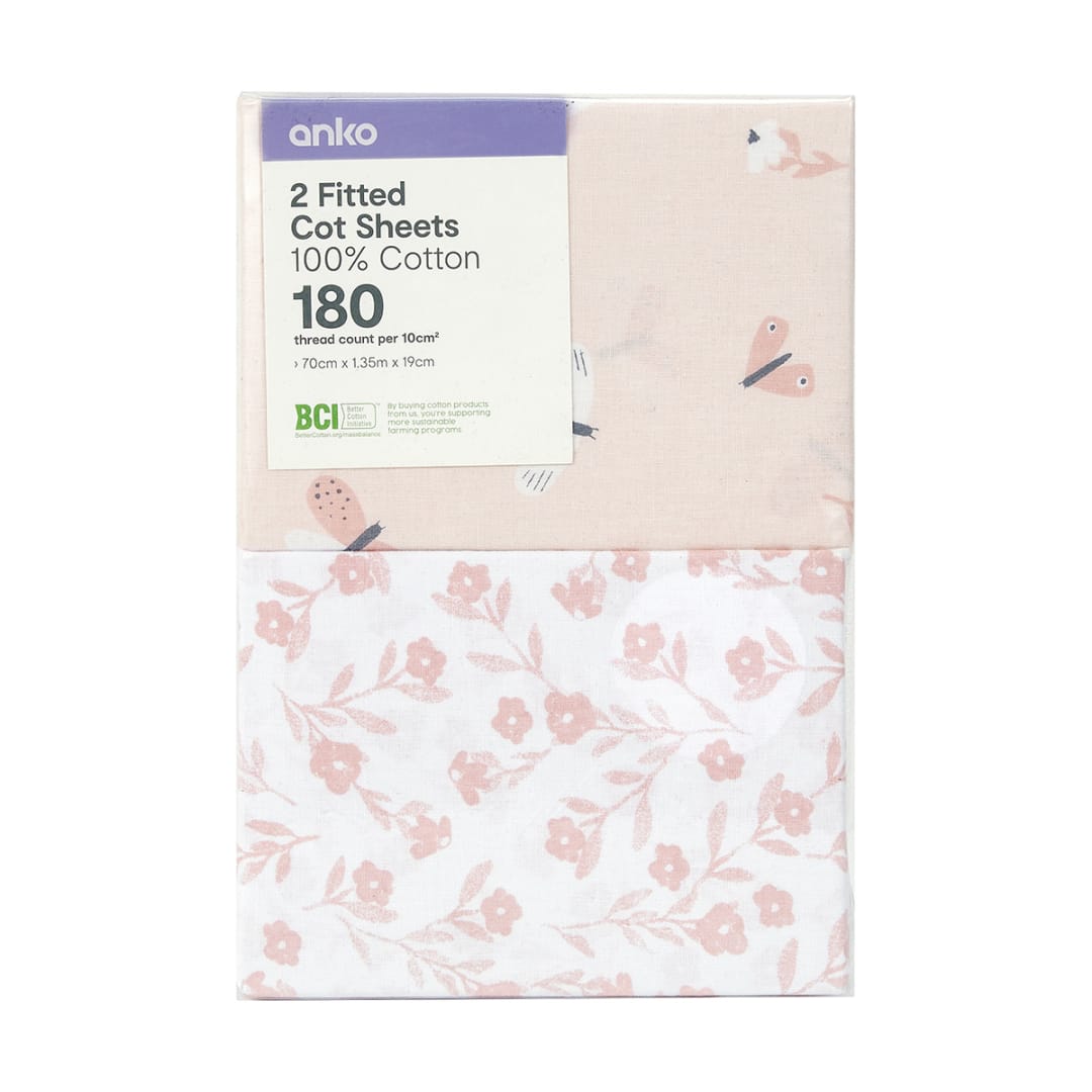 2 Pack Fitted Cotton Cot Sheets Butterfly Kmart