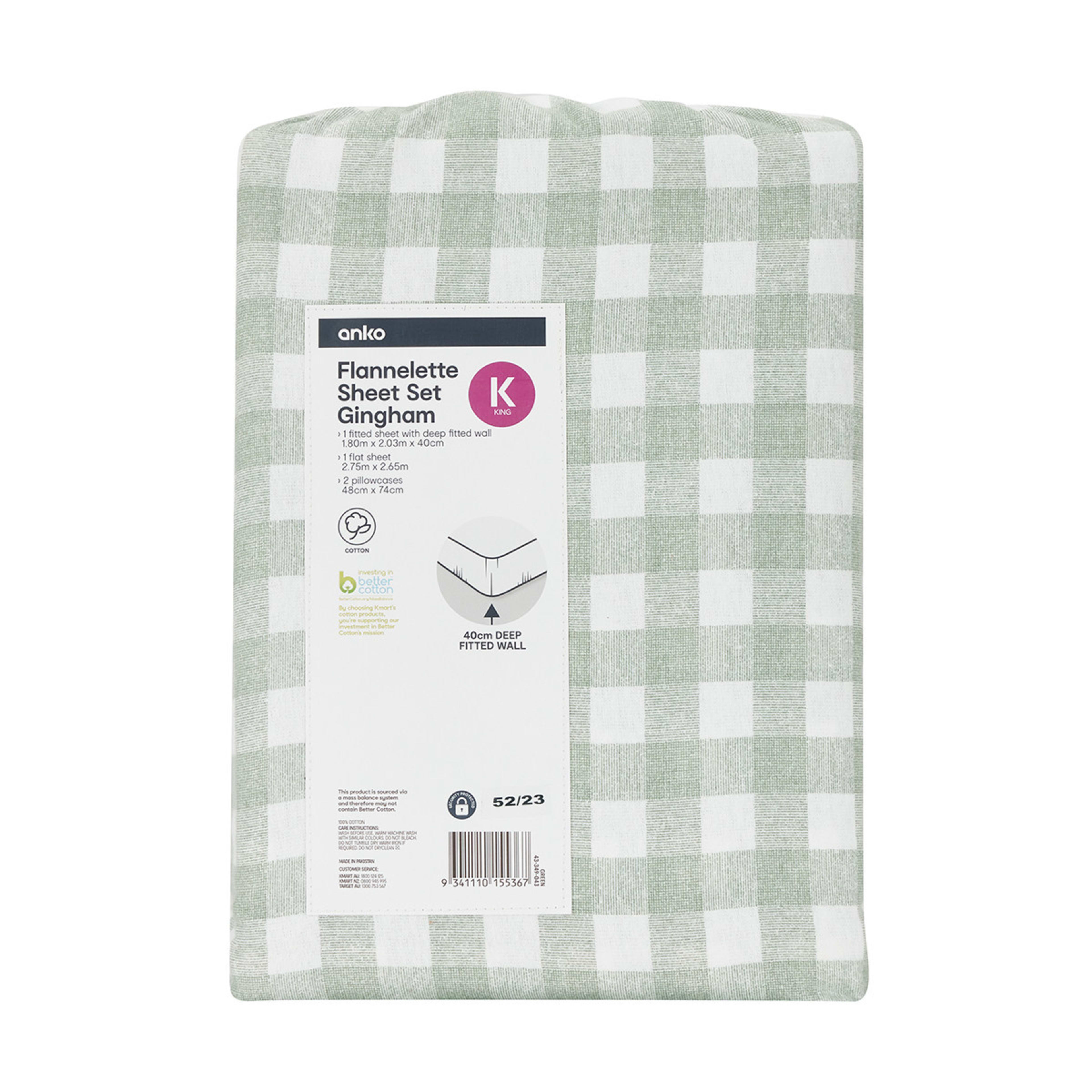 Gingham Cotton Flannelette Sheet Set King Bed, Green Kmart