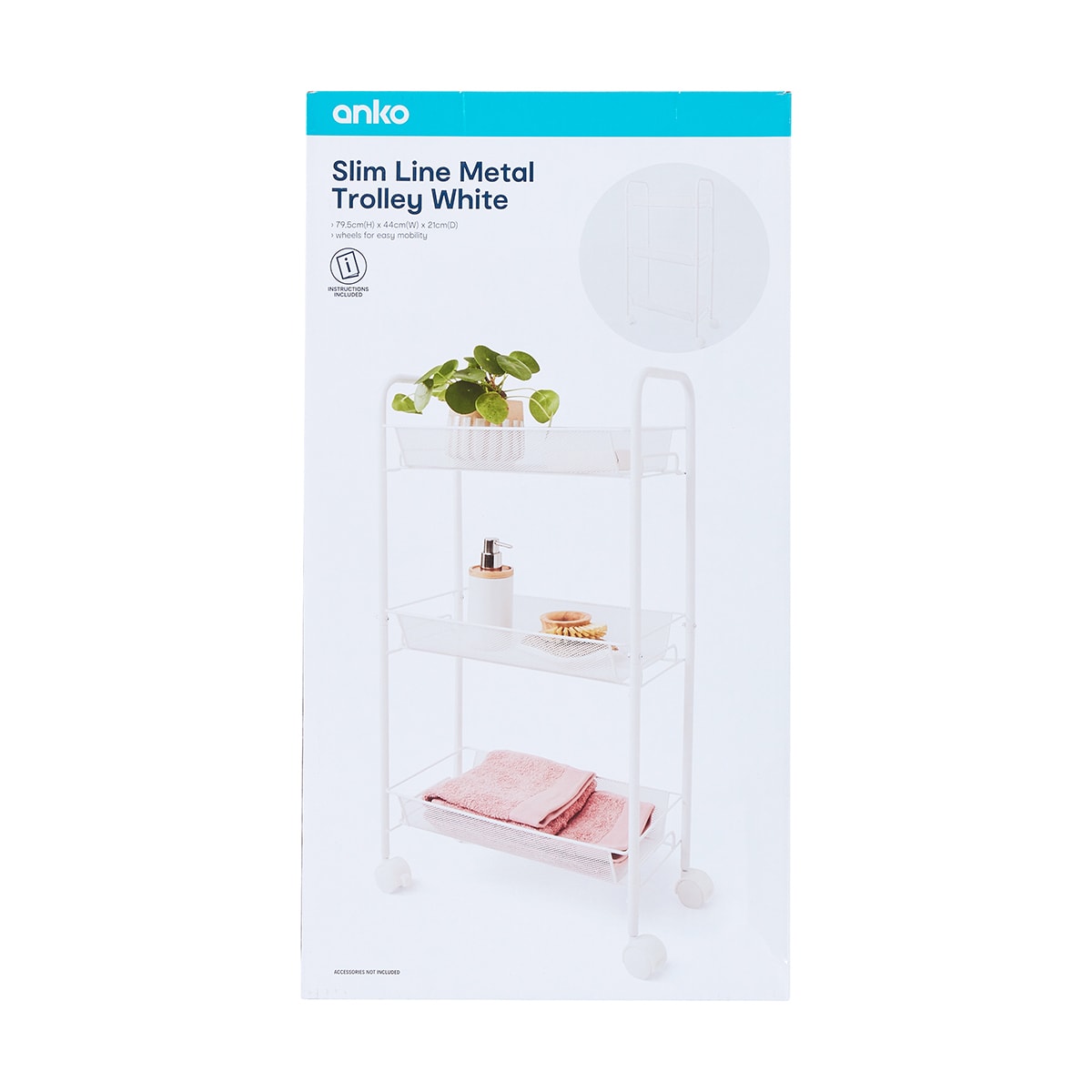 Slim Line Metal Trolley - White - Kmart