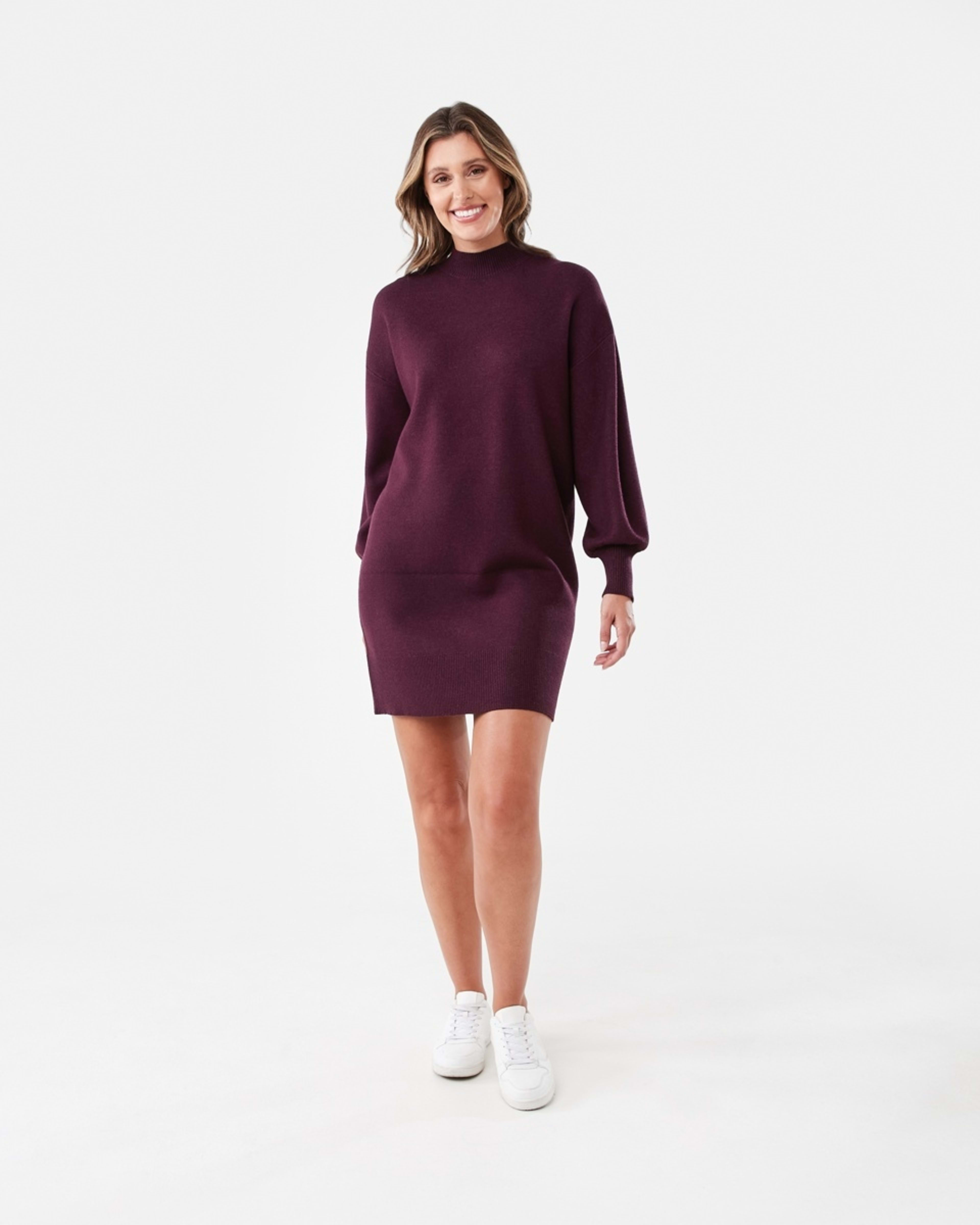 7 Long Sleeve Mock Neck True Knit Mini Dress Mulberry, 7 of 7