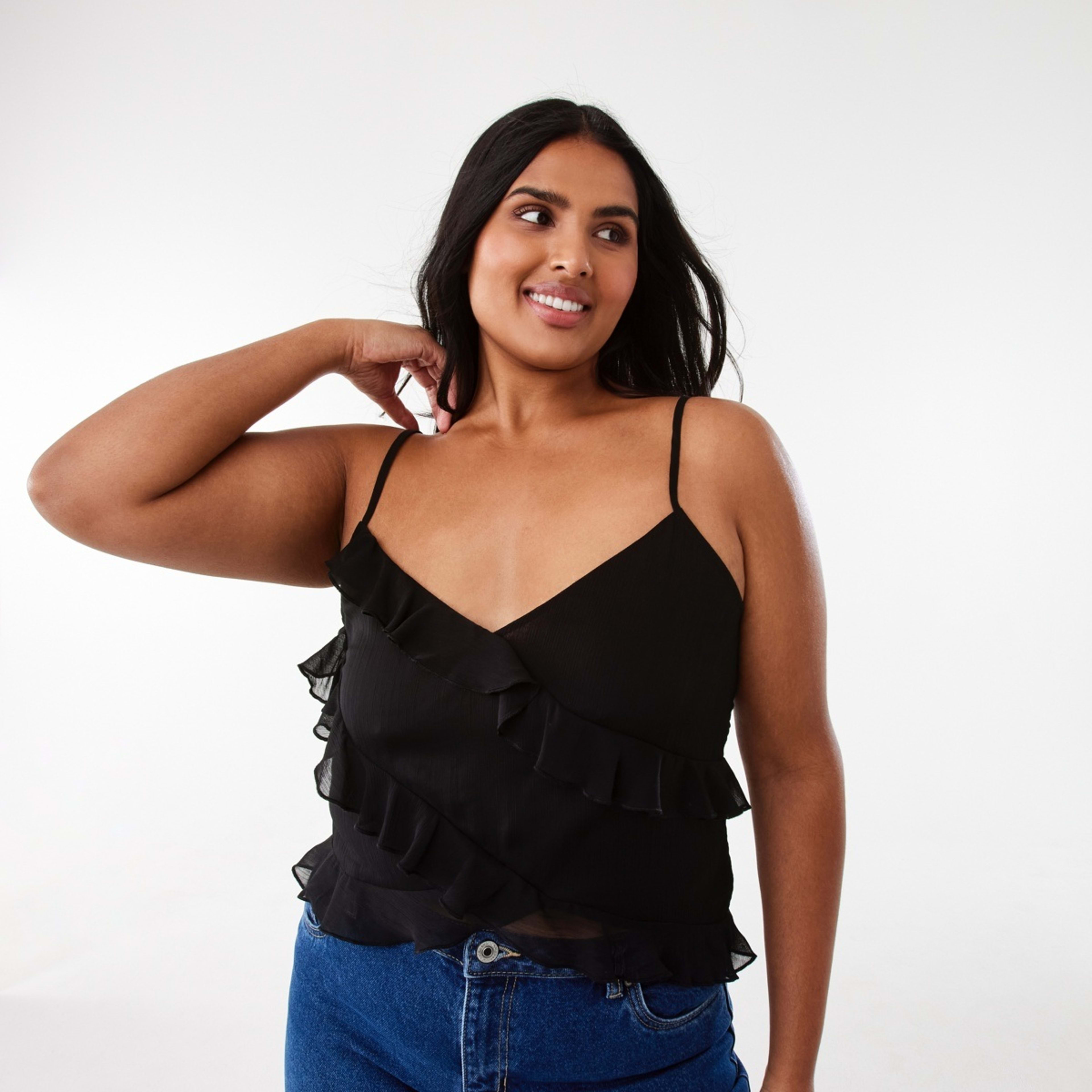 3 Sleeveless Asymmetrical Ruffle Cami Black, 3 of 10