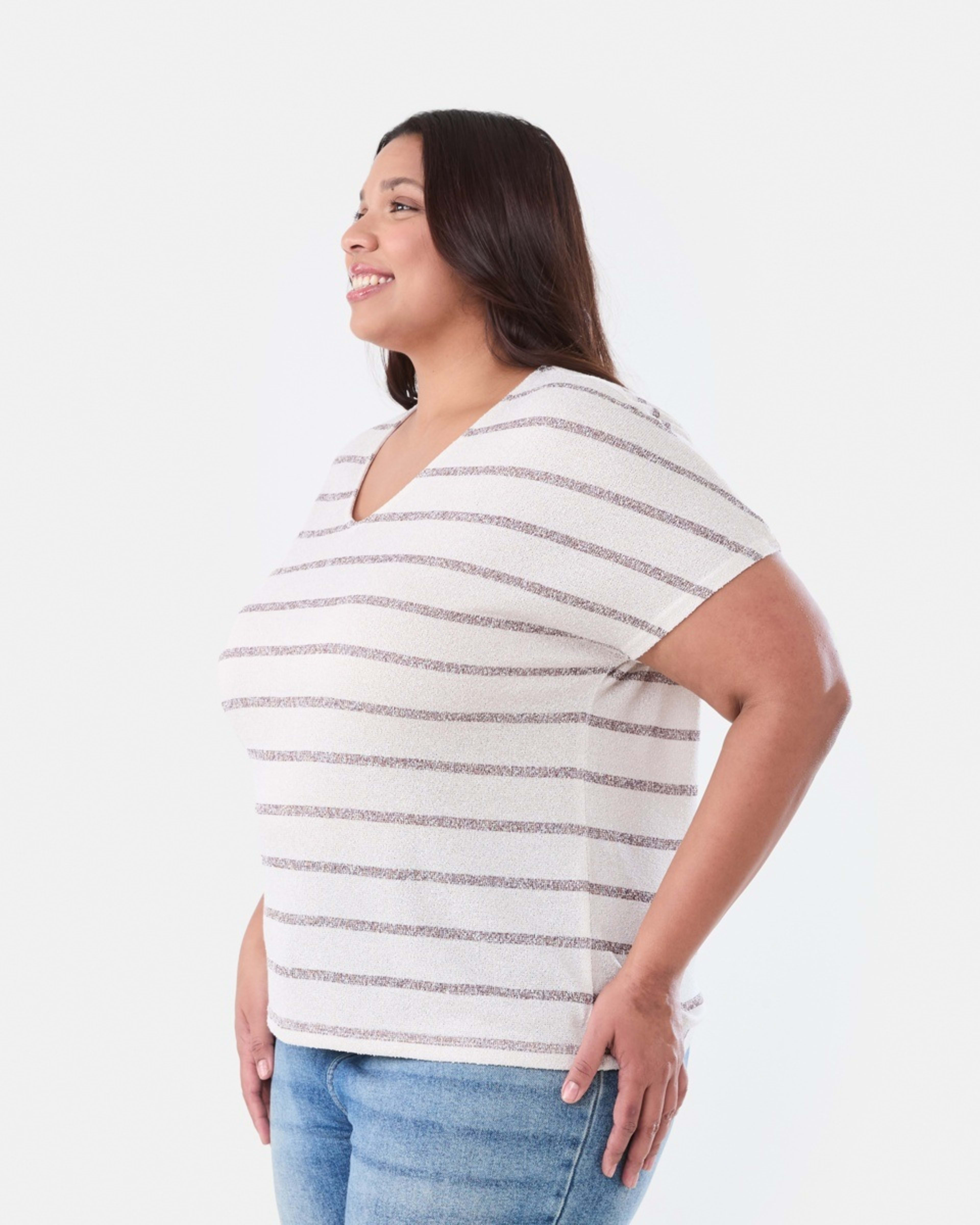 2 Curve Short Sleeve Textured Top STRIPE WARM MULBERRY, 2 of 5