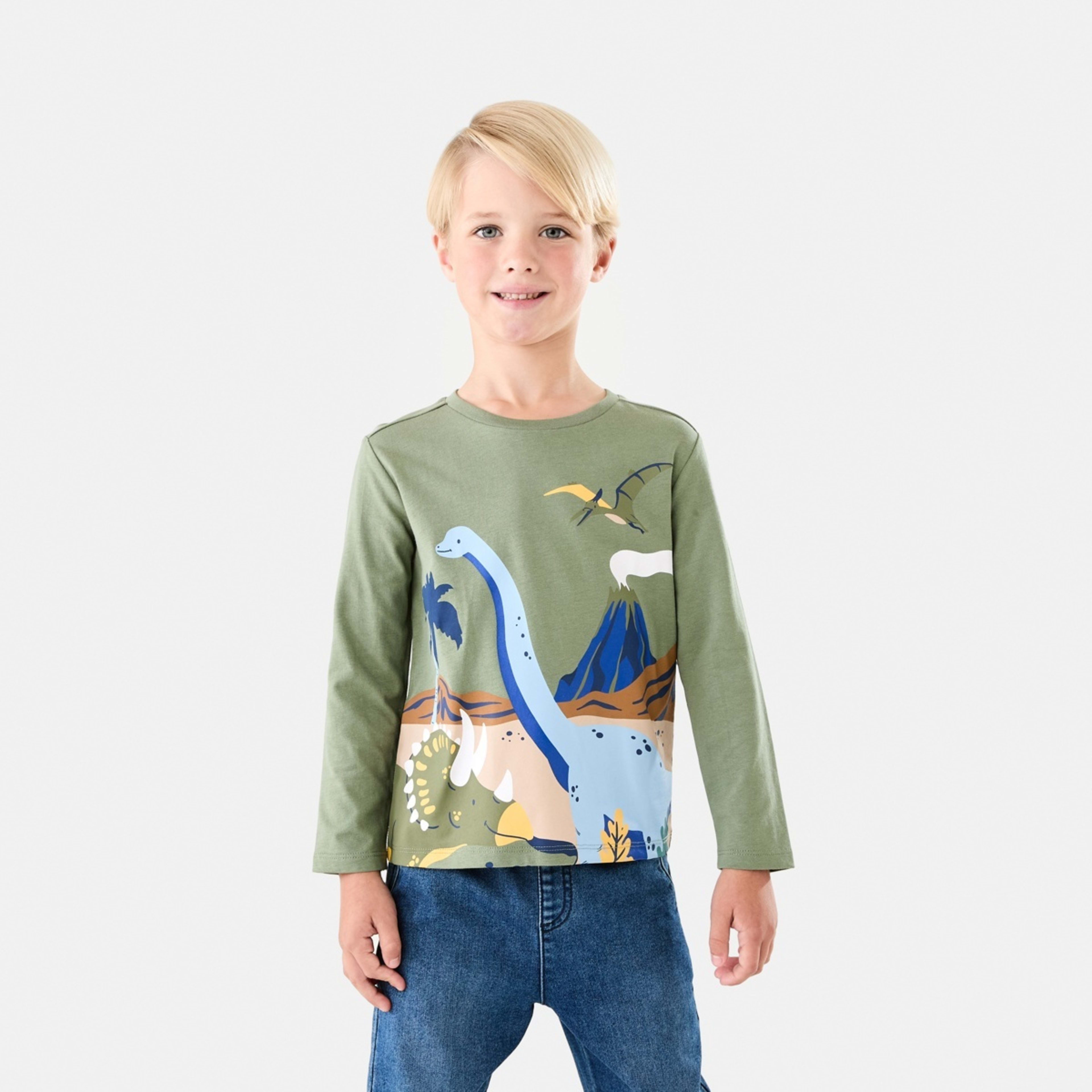 1 Long Sleeve Print T-shirt Dino Land Green, 1 of 8