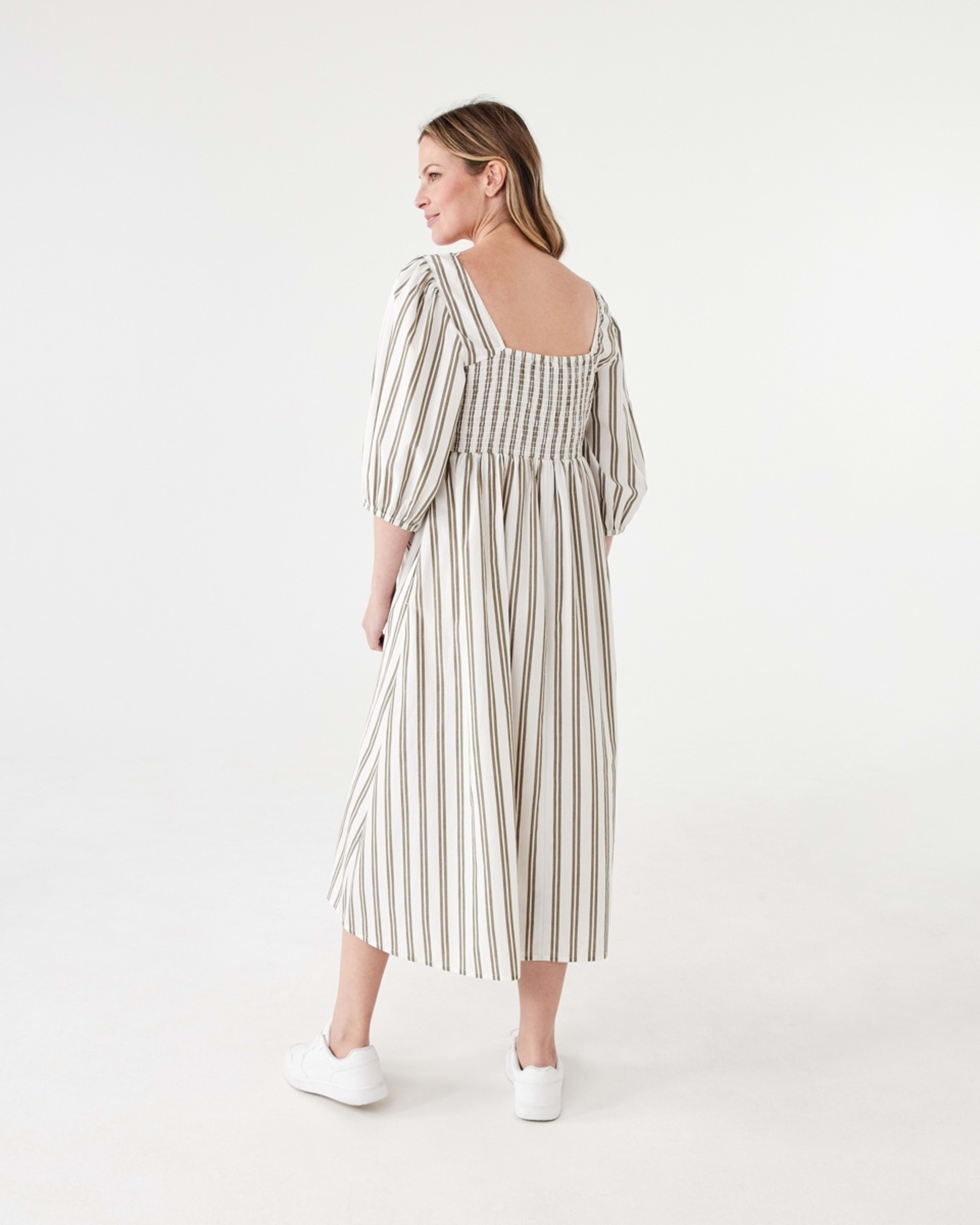 3 Short Sleeve Shirred Bodice Midi Dress TAYLOR STRIPE BURNT OLIVE, 3 of 6