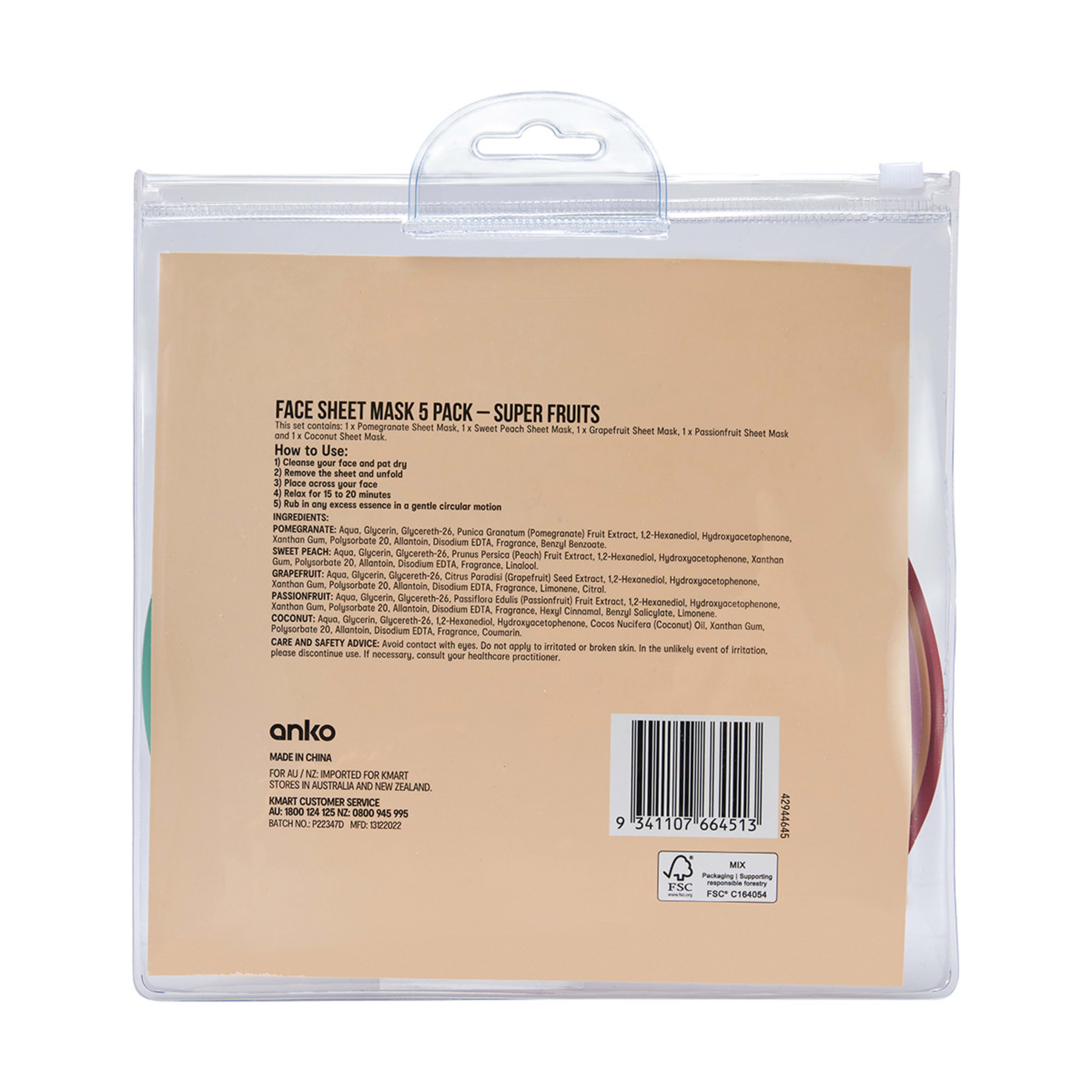 5 Pack Super Fruits Face Sheet Mask Kmart