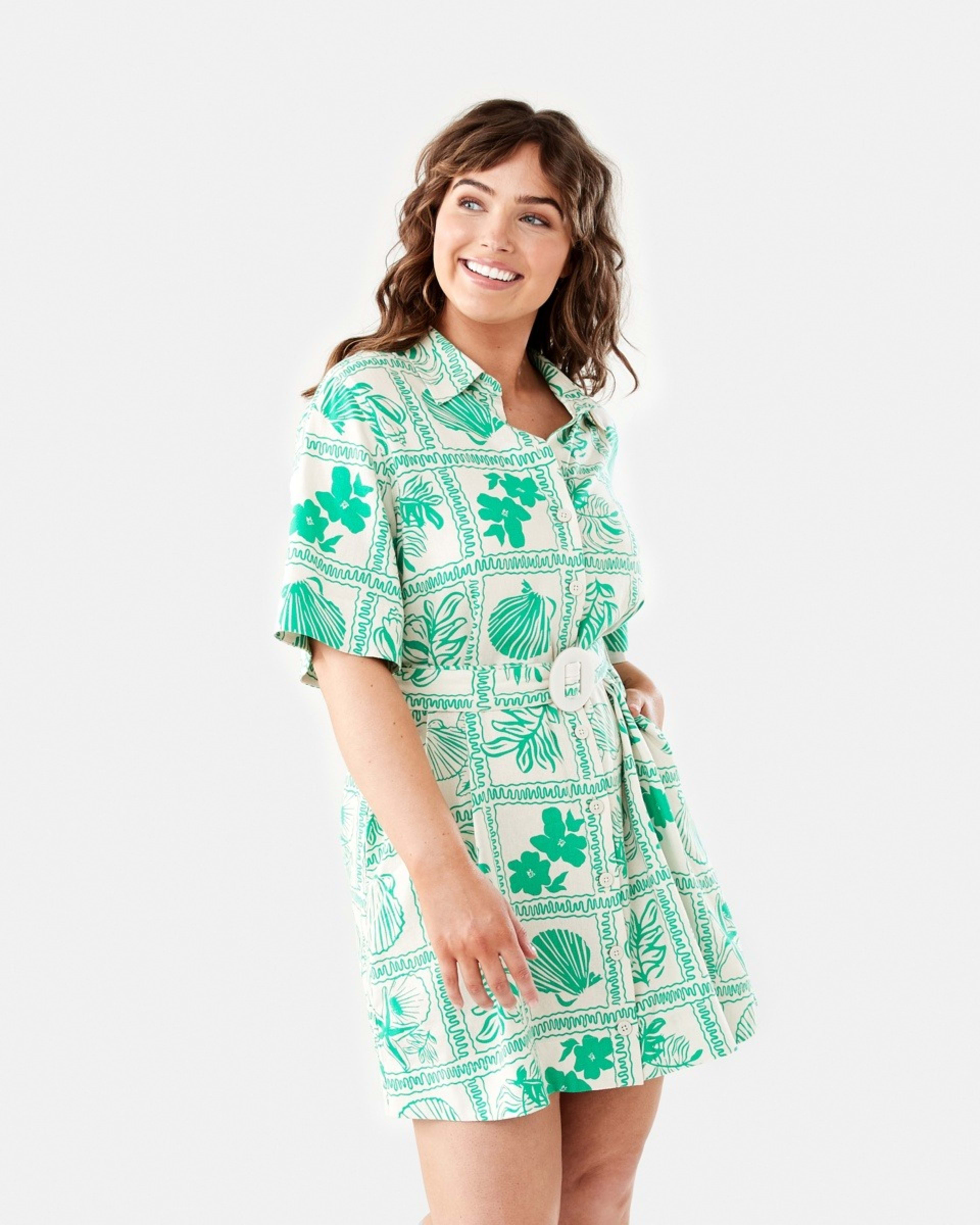 3 Short Sleeve Belted Mini Shirt Dress SHELL GEO SIMPLY GREEN, 3 of 11