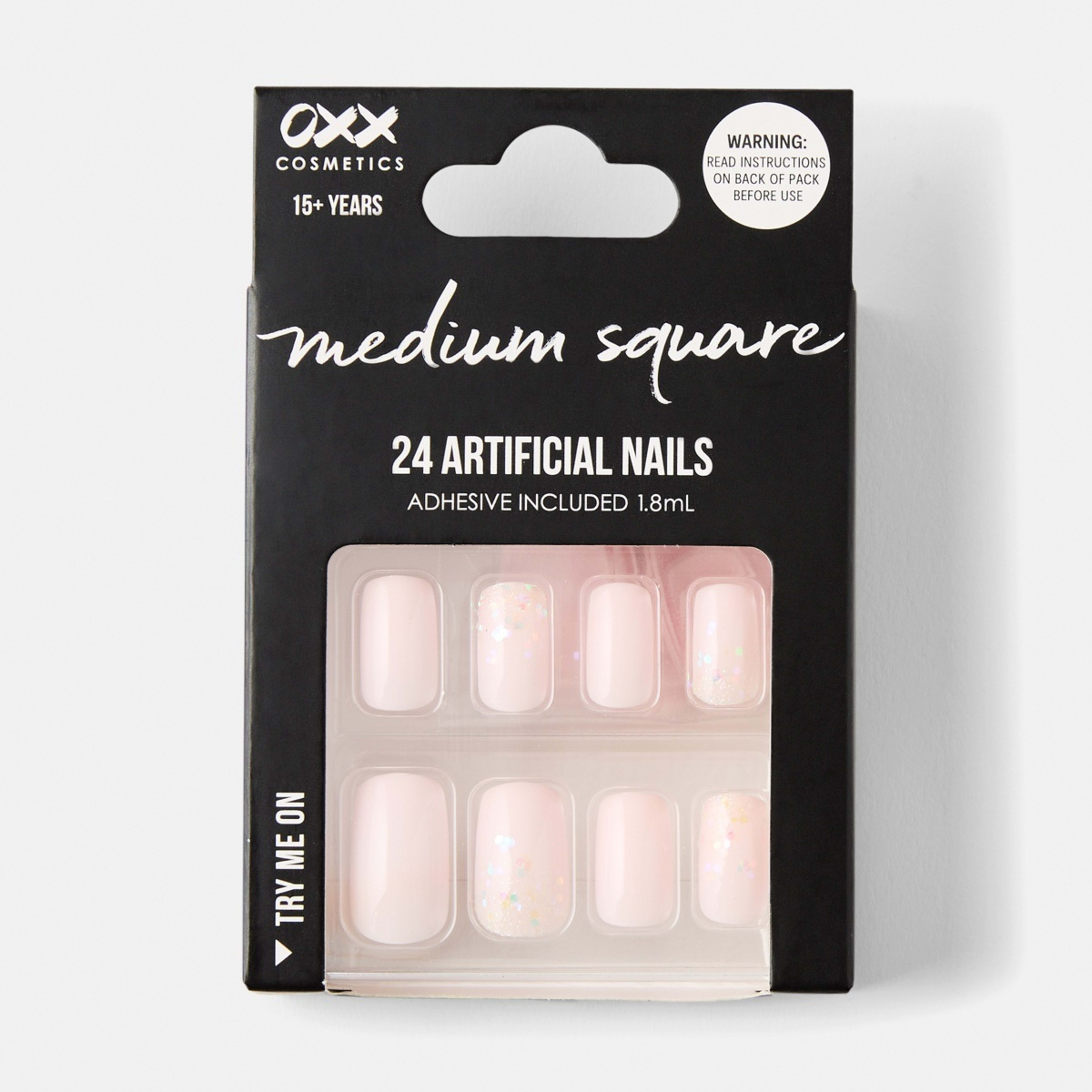 1 OXX Cosmetics 24 Pack Artificial Nails with Adhesive - Medium Square Shape, Soft Pink Glitter