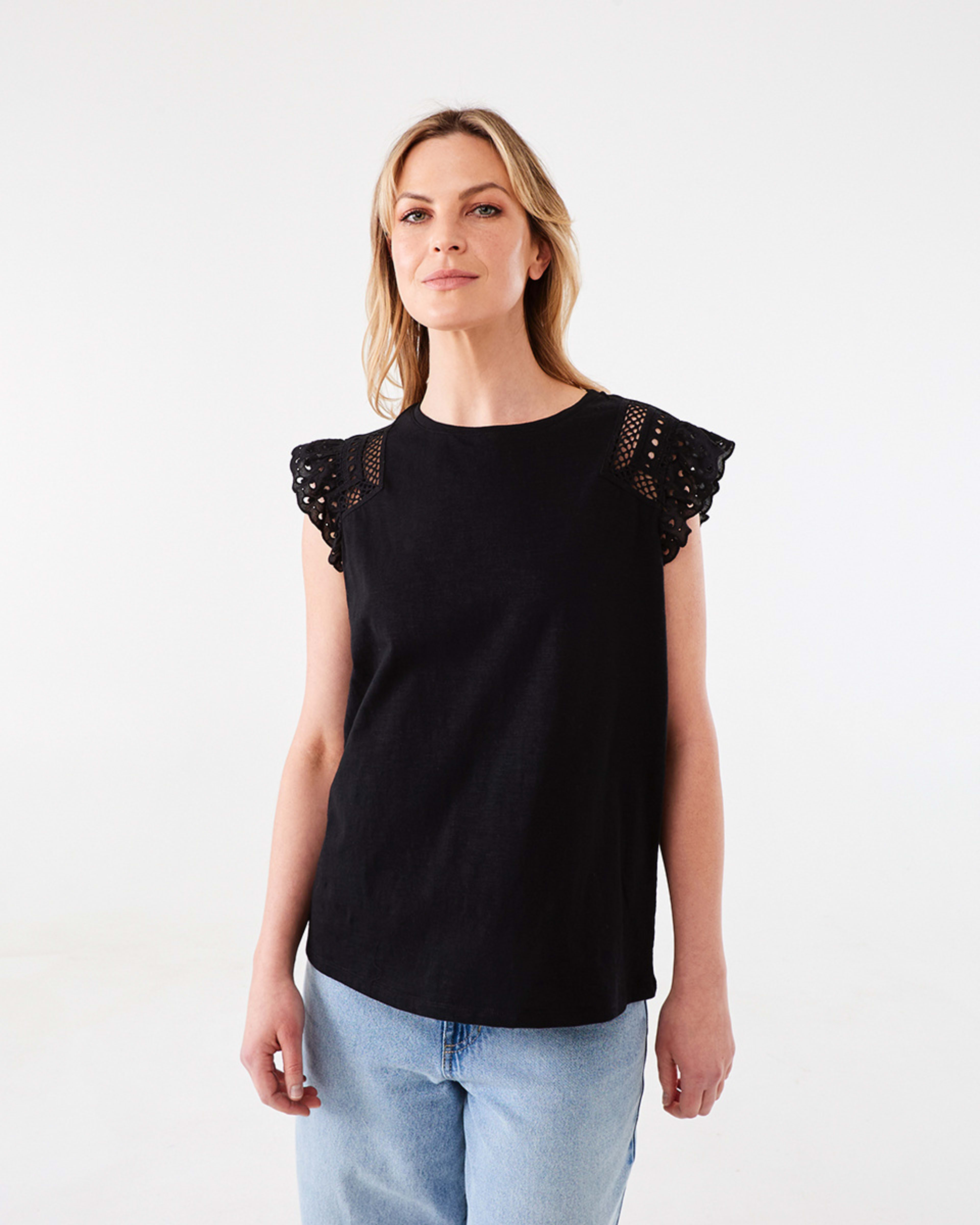 1 Sleeveless Broderie Shoulder Top Black