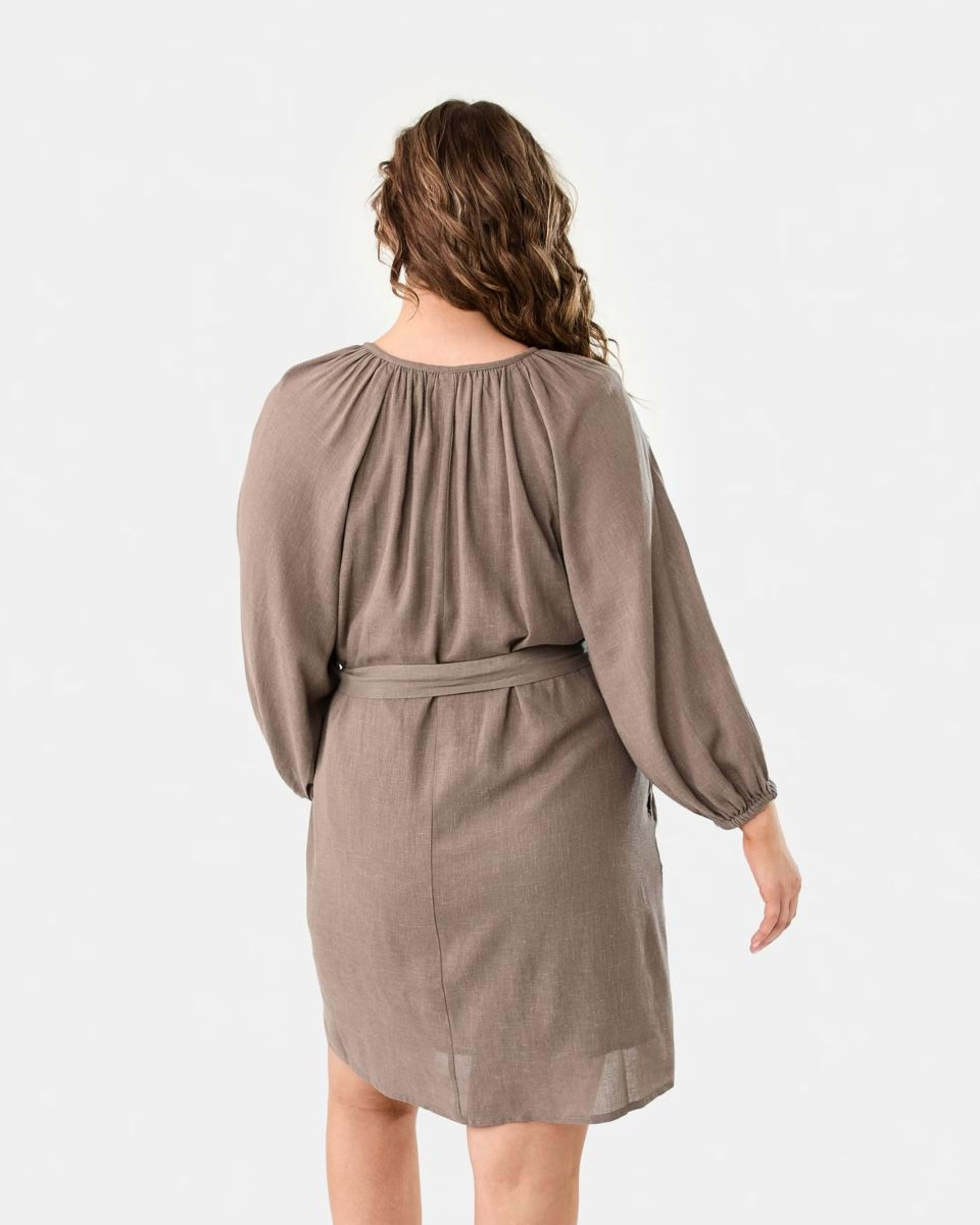 3 Elbow Sleeve Linen Blend Mini Dress DEEP TAUPE, 3 of 8