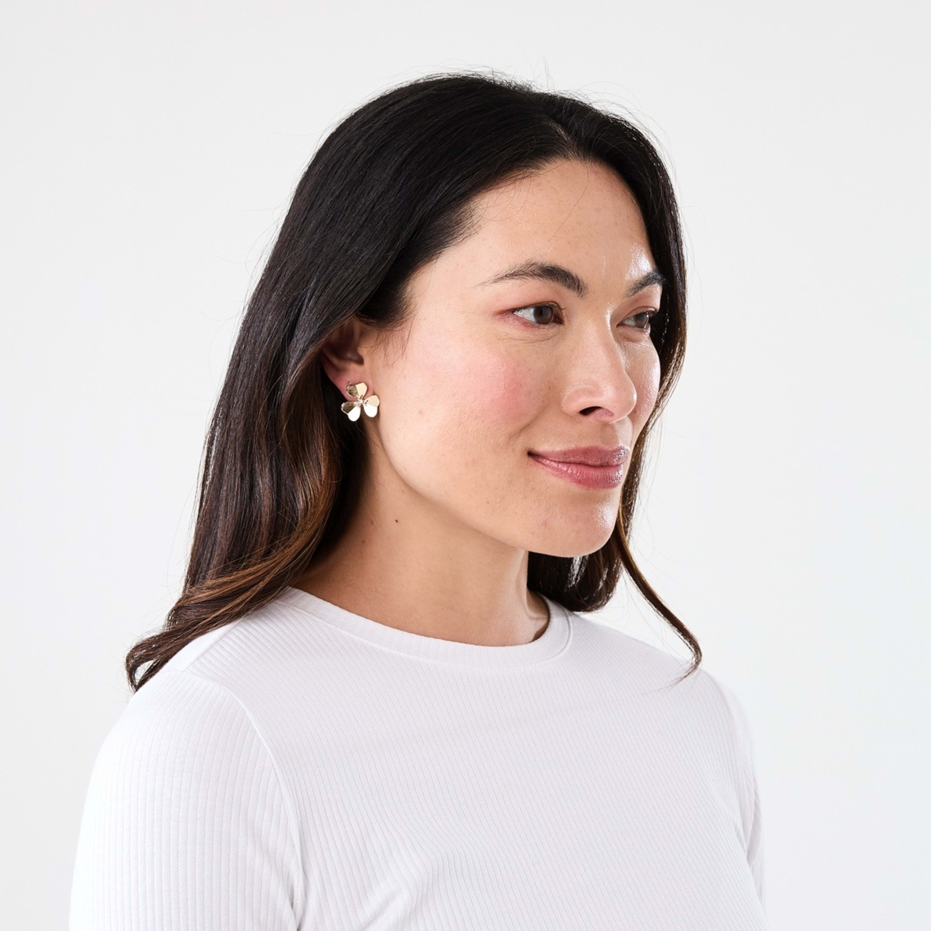 4 Three Petal Crystal Flower Stud Earrings - Gold Tone, 4 of 5