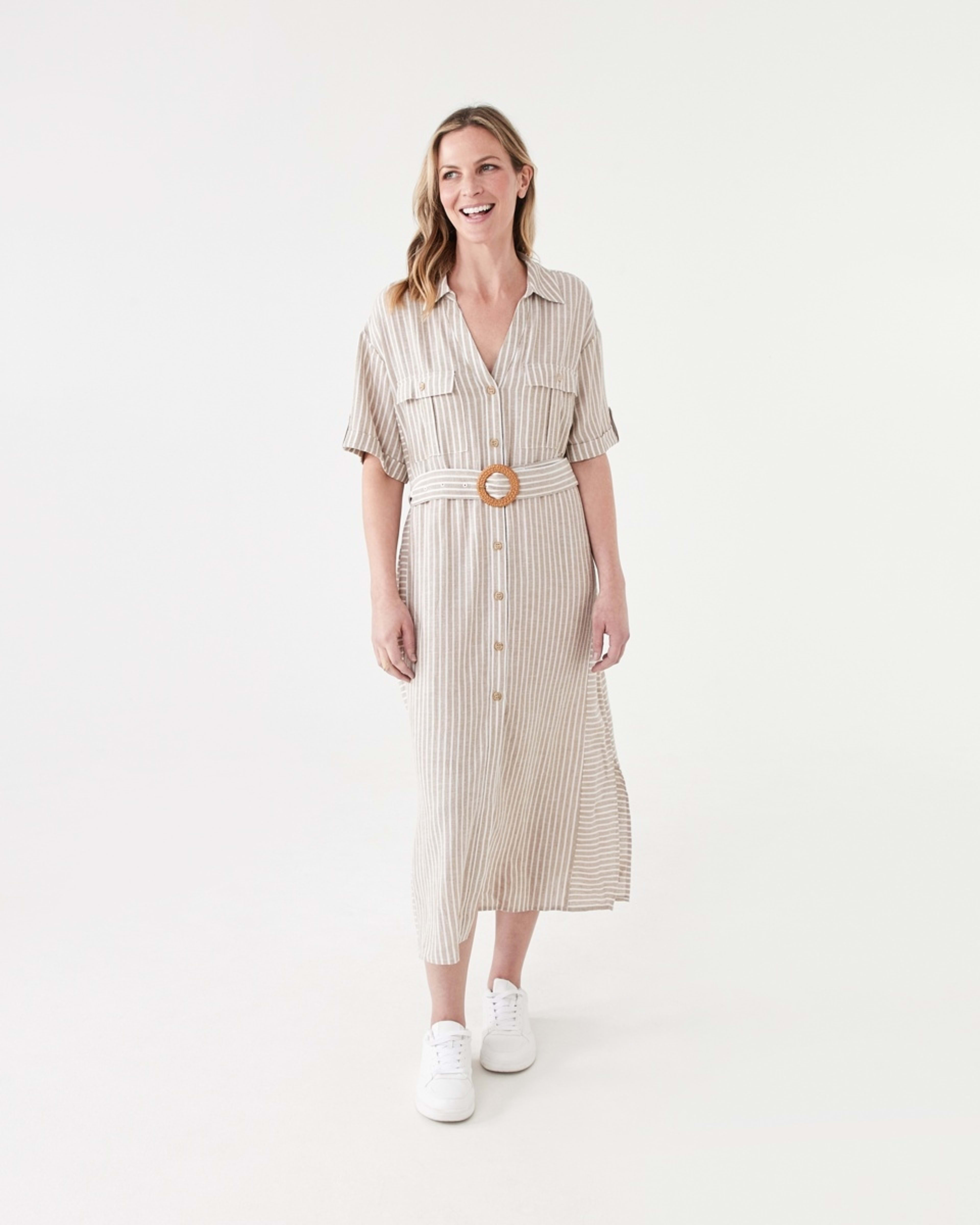 1 Short Sleeve Utility Shirt Midi Dress RESORT STRIPE DUNE BEIGE