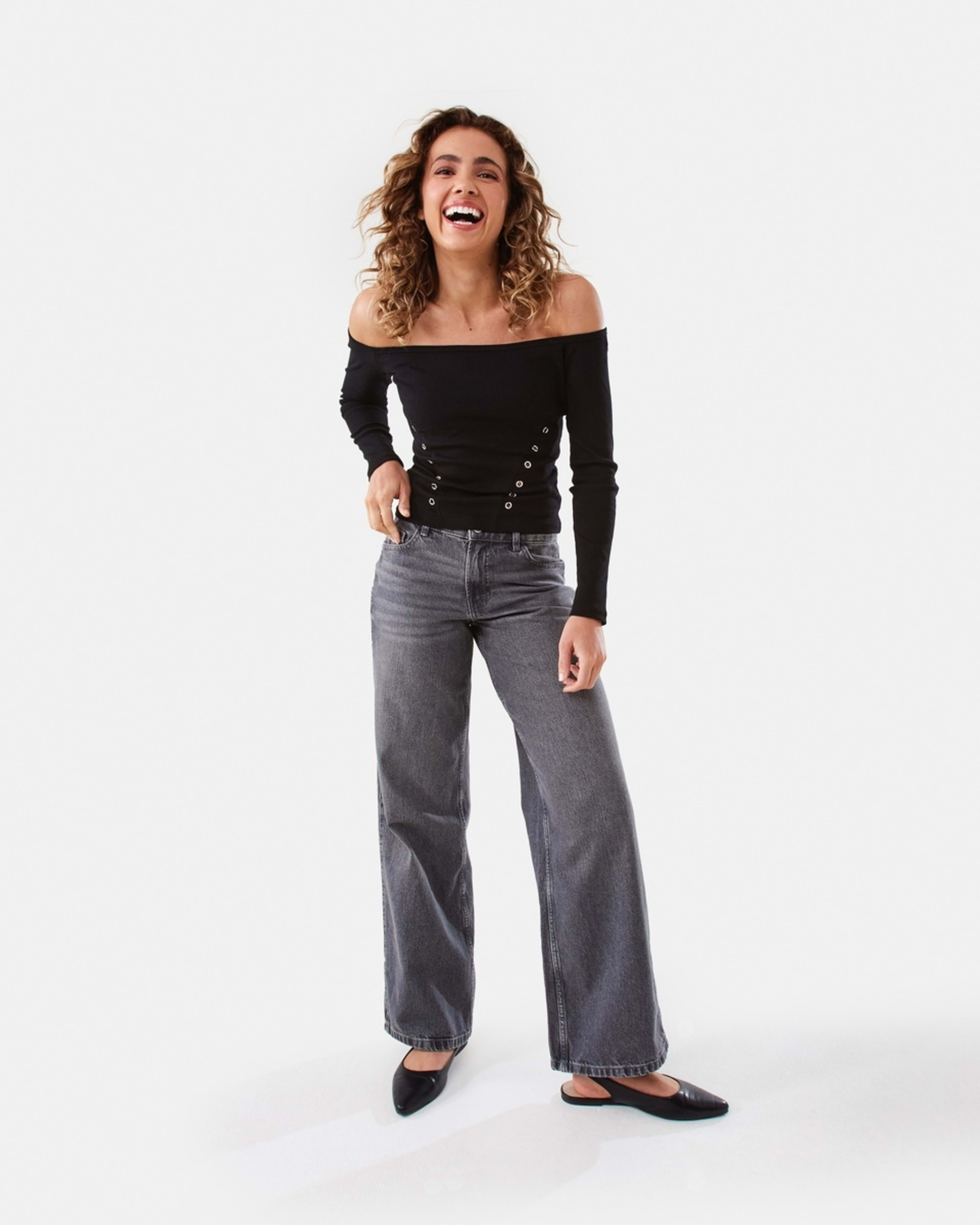 2 Long Sleeve Stud Detail Top Black, 2 of 8