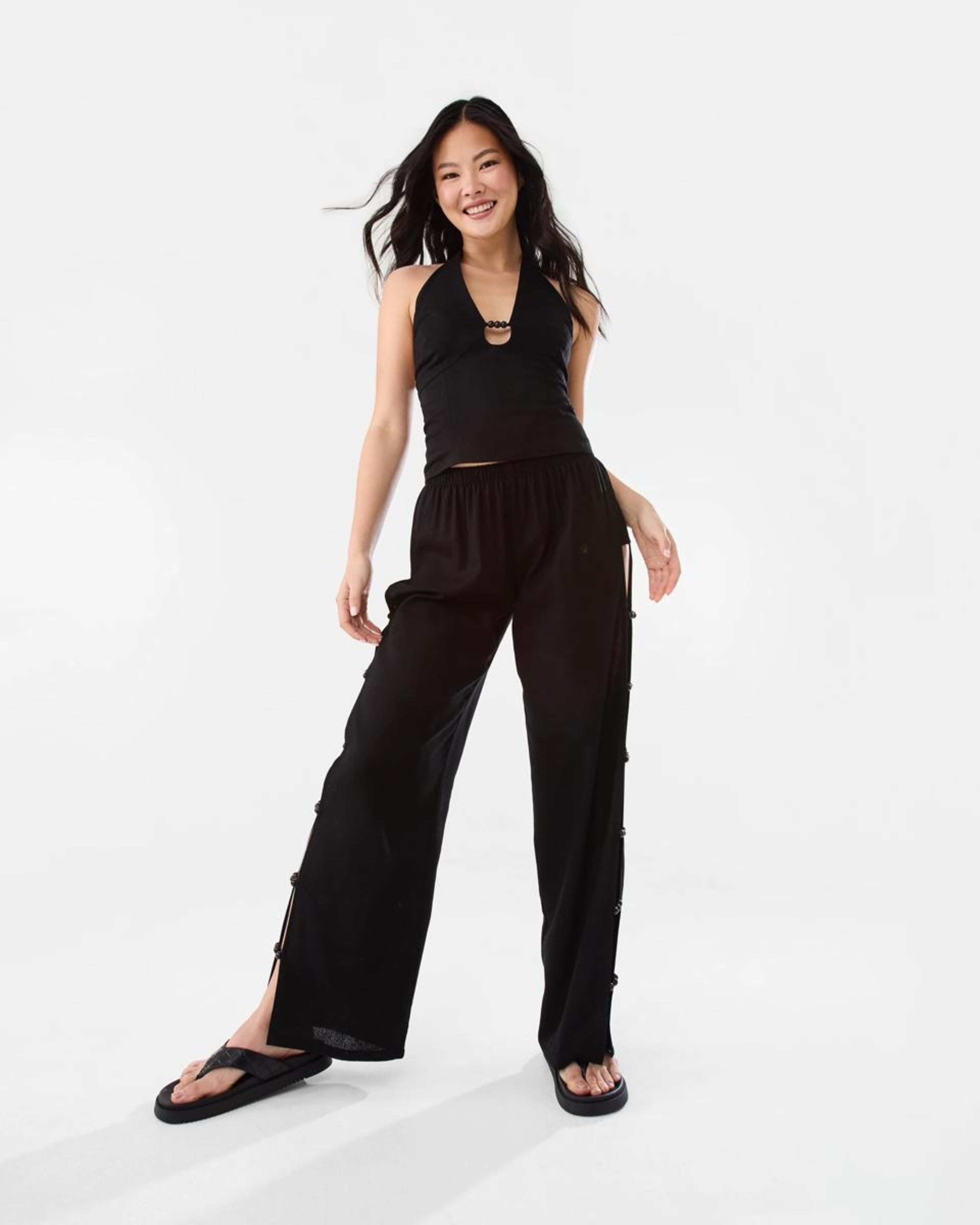 2 Linen Blend Beaded Pants Black, 2 of 8