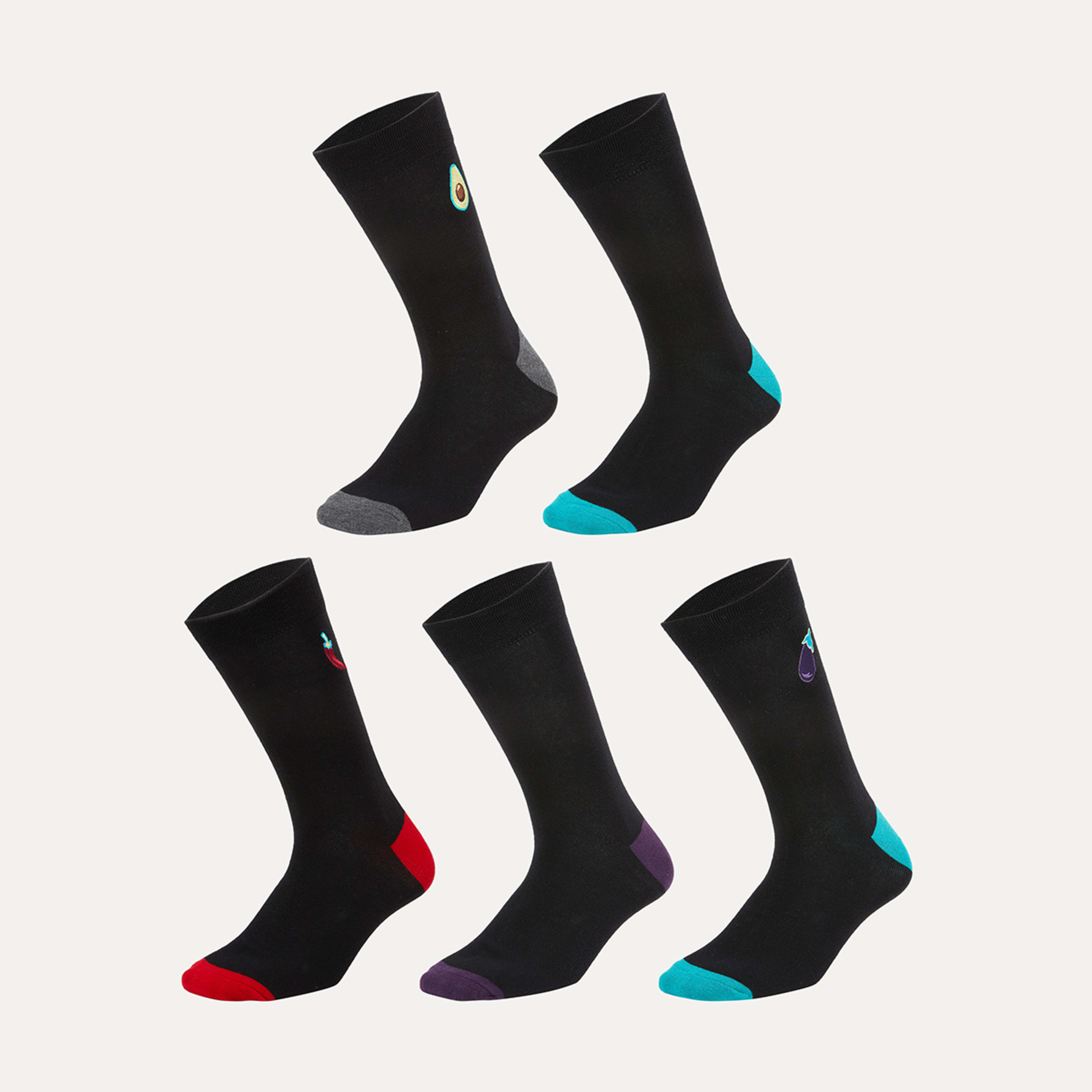 1 5 Pack Embroidered & Plain Socks Avo Chilli Eggplant Black, 1 of 3