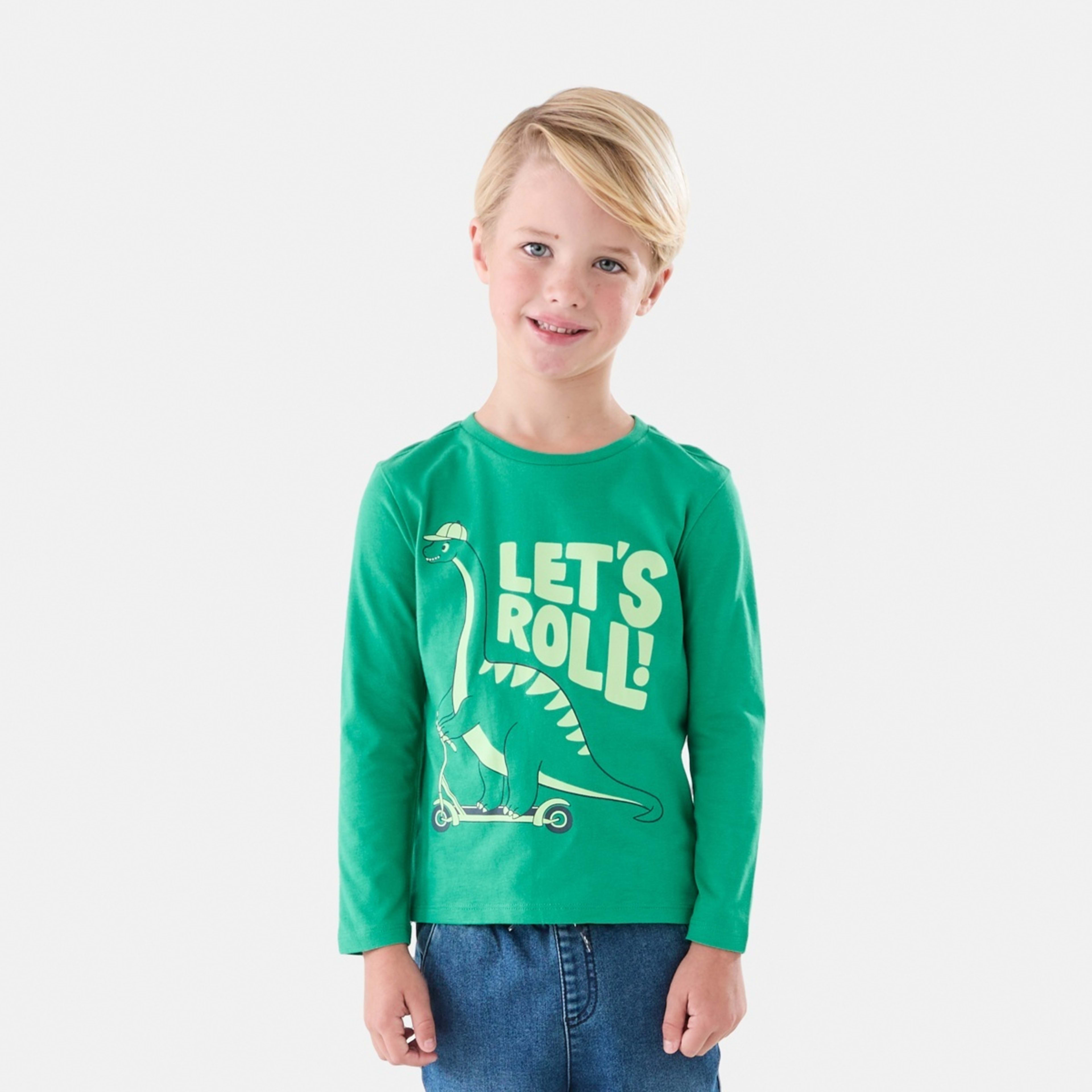 1 Long Sleeve Print T-shirt Dino Roller Green, 1 of 8