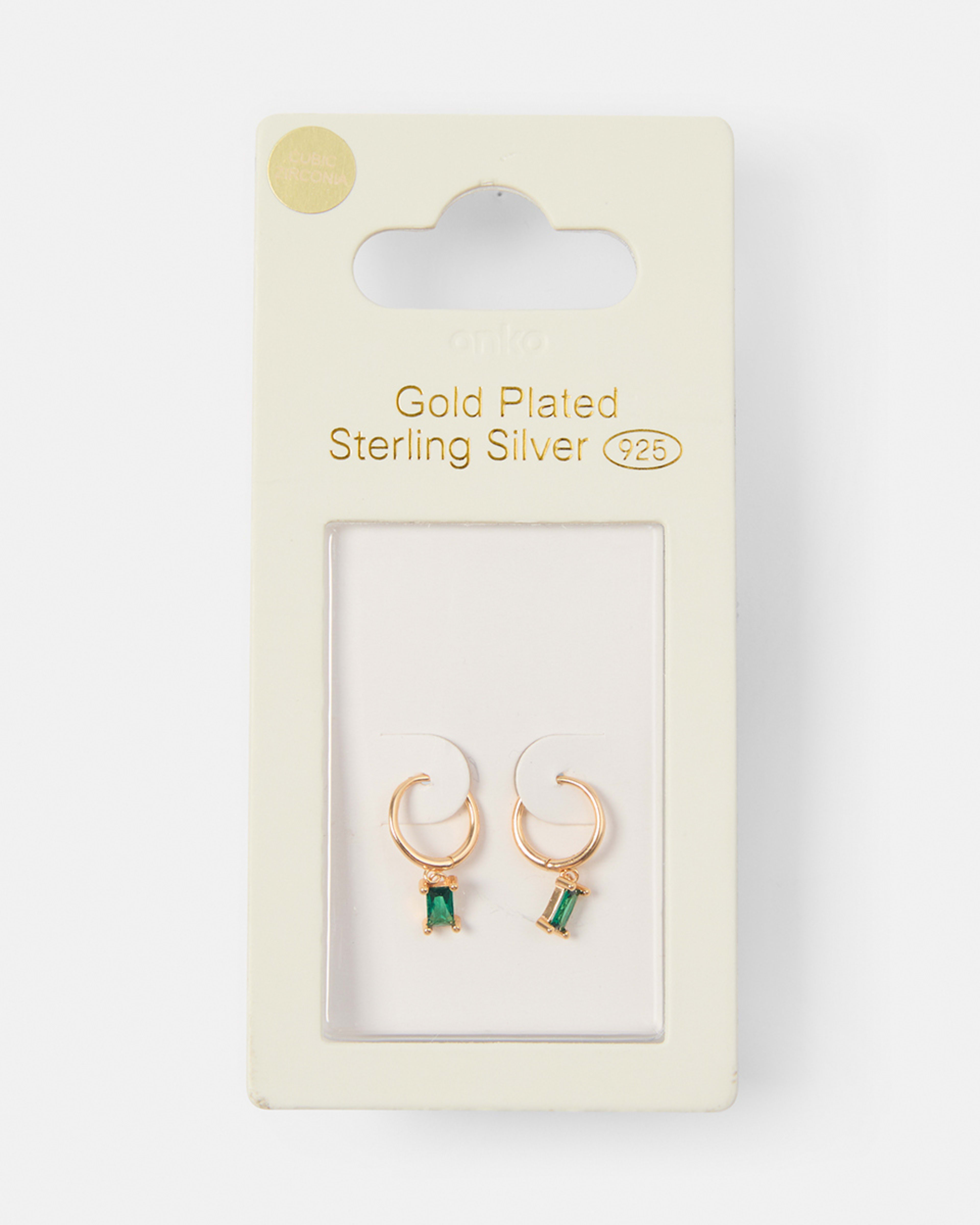 4 Sterling Silver Huggie Rectangle Stone Drop Earrings Gold, 4 of 4
