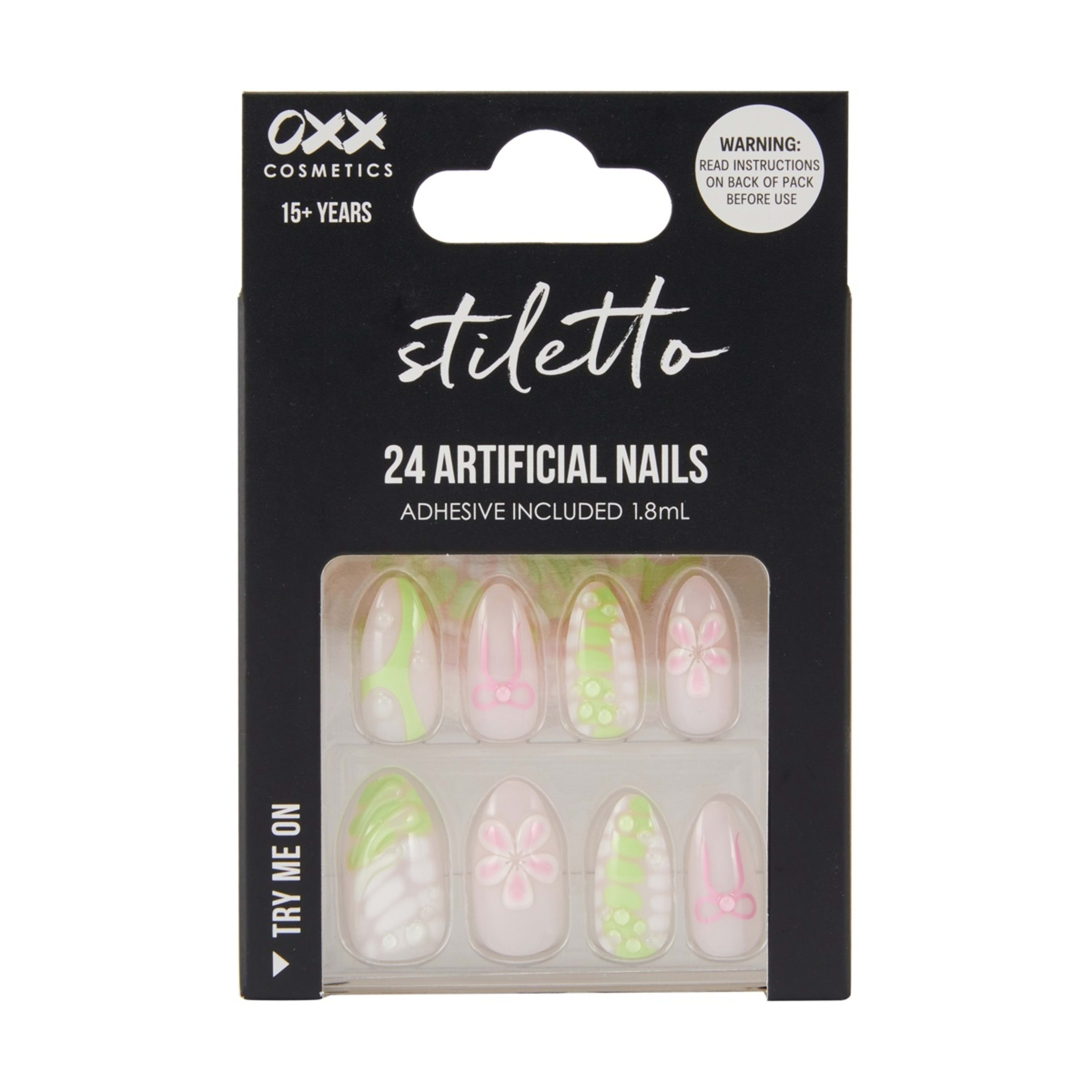 1 OXX Cosmetics 24 Pack Artificial Nails with Adhesive - Stiletto Shape, 3D Lime