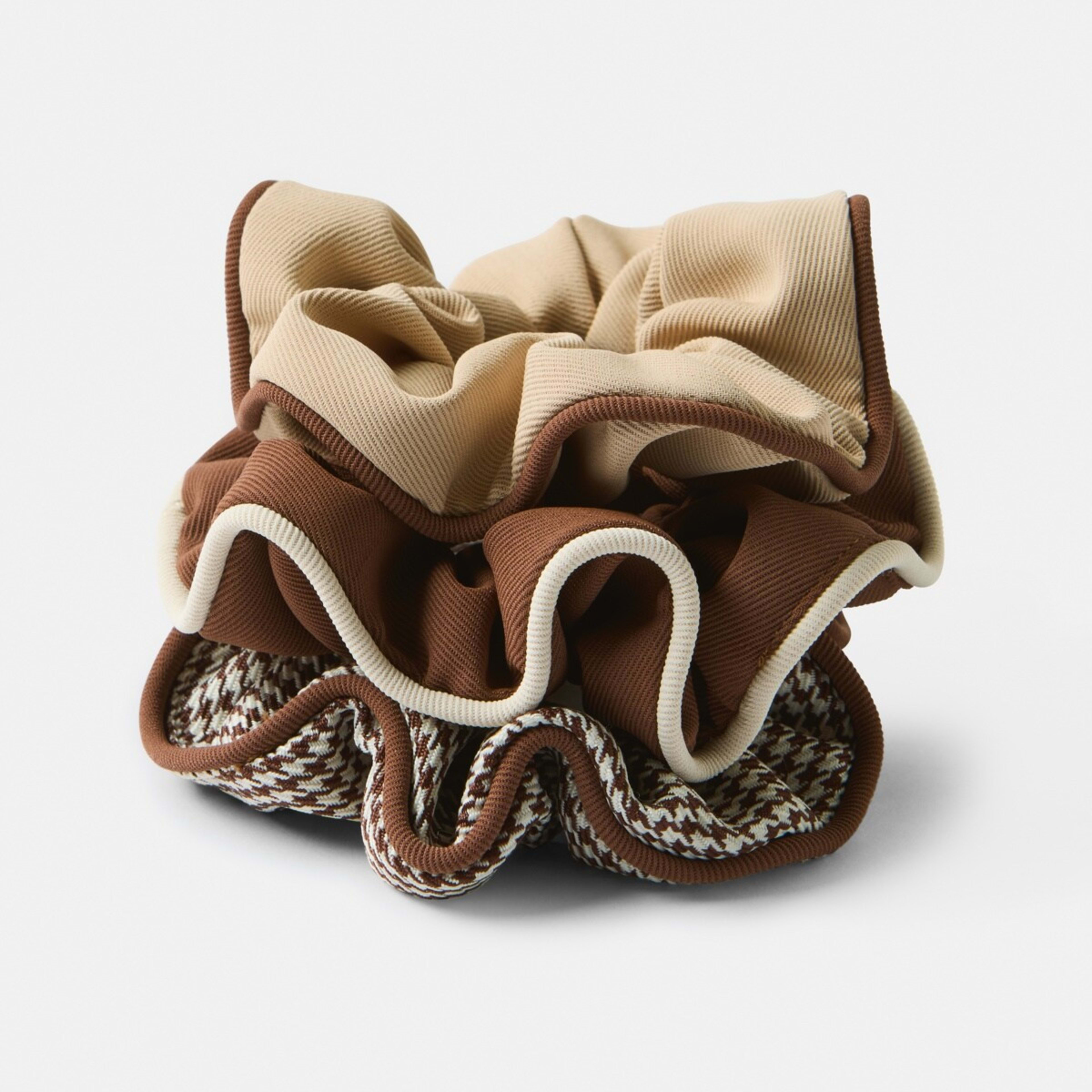 1 3 Pack Brown and Beige Contrast Trim Scrunchies